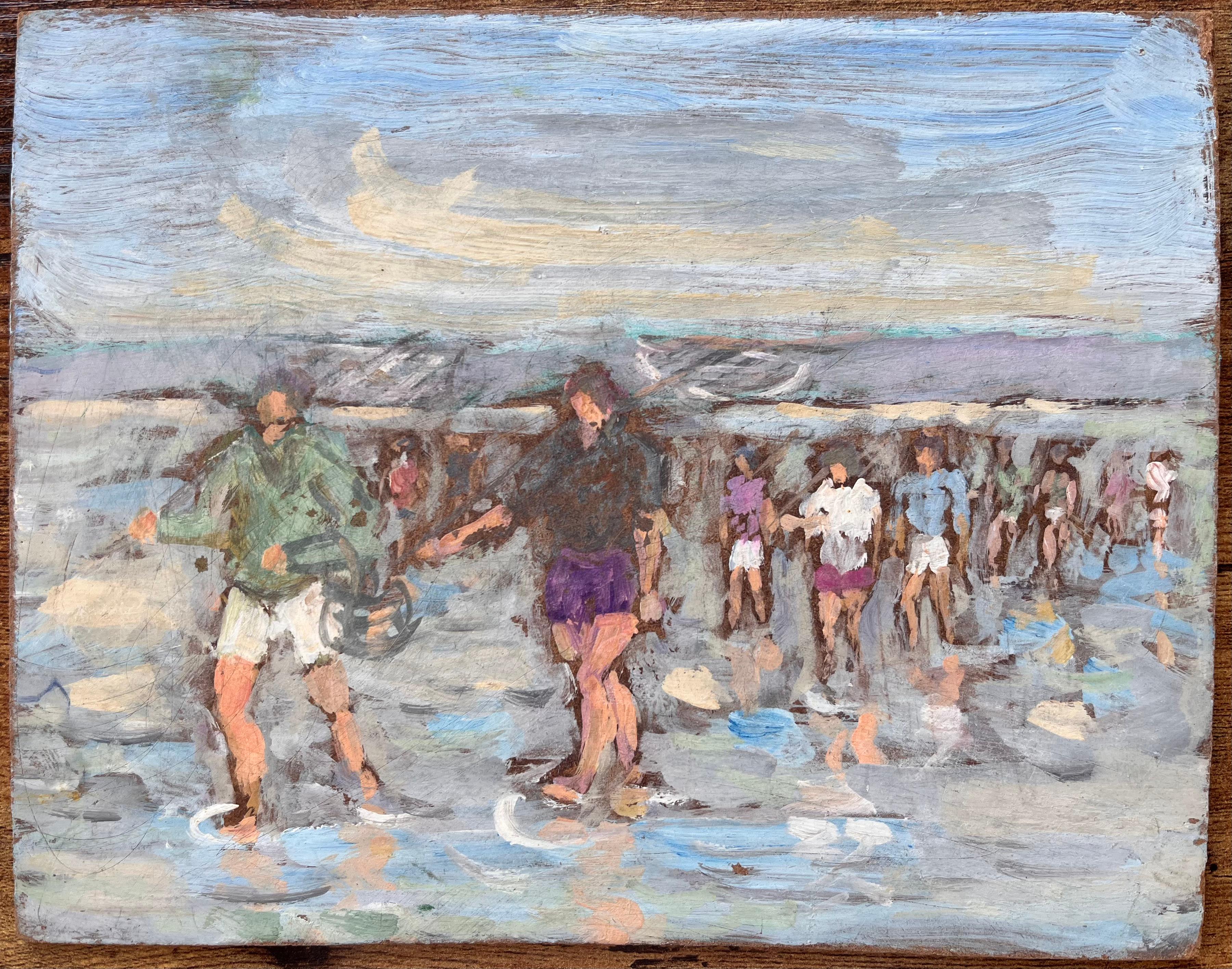 Impressionist Coastal Gathering Scene with Barefoot Figures on Reflective Shore - Painting by Fanch Lel