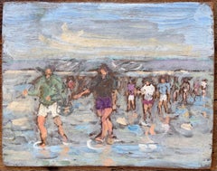Impressionist Coastal Gathering Scene with Barefoot Figures on Reflective Shore