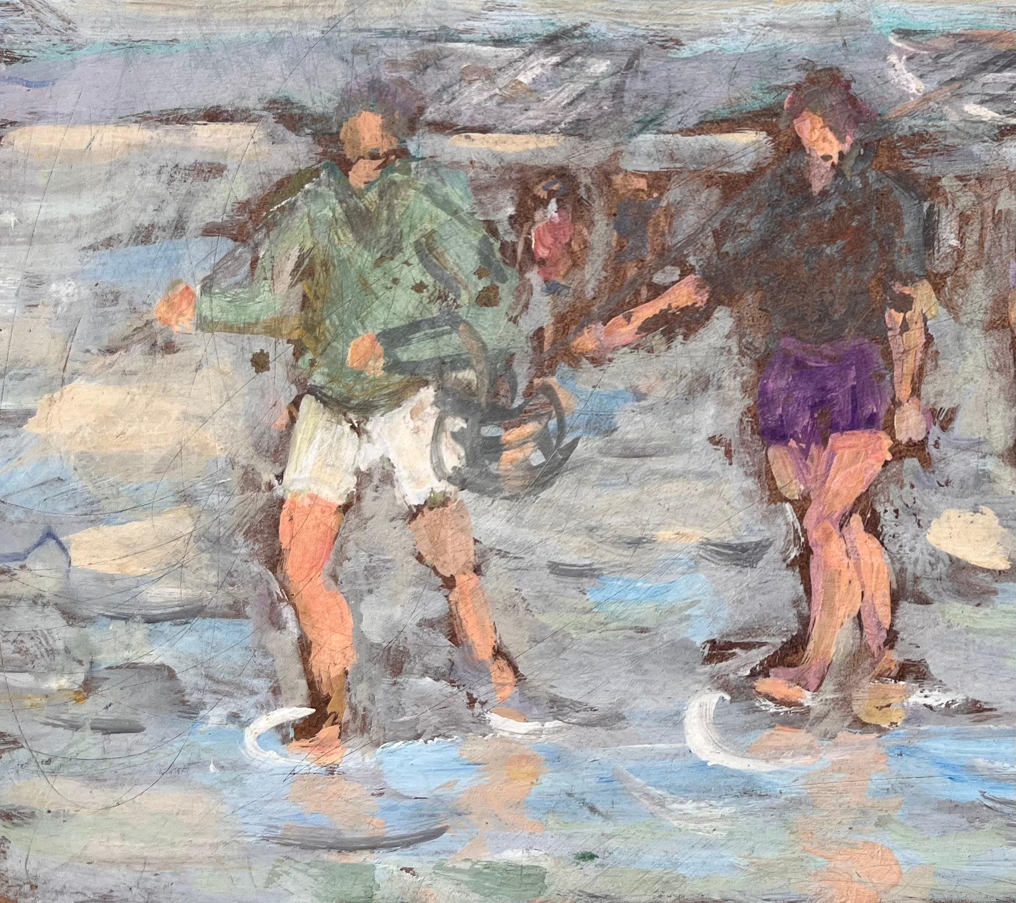 Impressionist Coastal Gathering Scene with Barefoot Figures on Reflective Shore - Gray Landscape Painting by Fanch Lel