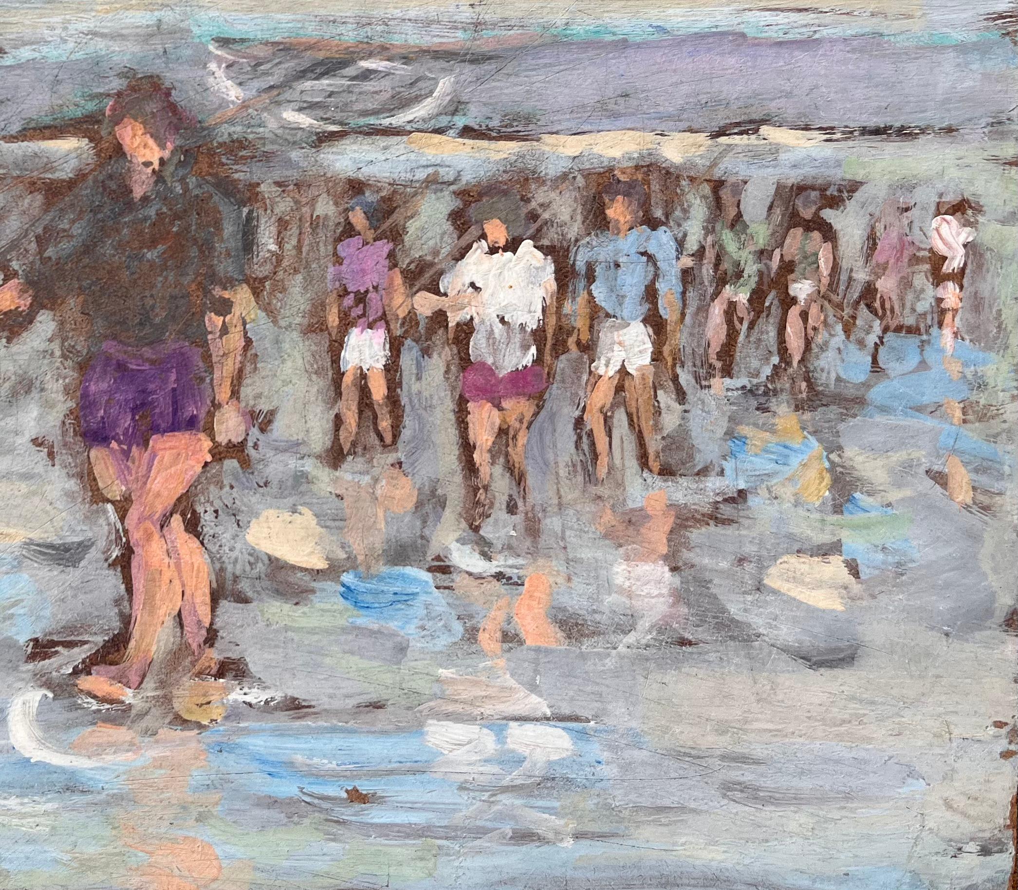 Title: Impressionist Coastal Gathering Scene with Barefoot Figures on Reflective Shore
by Fanch Lel
Size: 7.5 inches (height) x 9.75 inches (width)
Medium: Oil on board, unframed
Condition: The painting is in good condition with slight edge wear