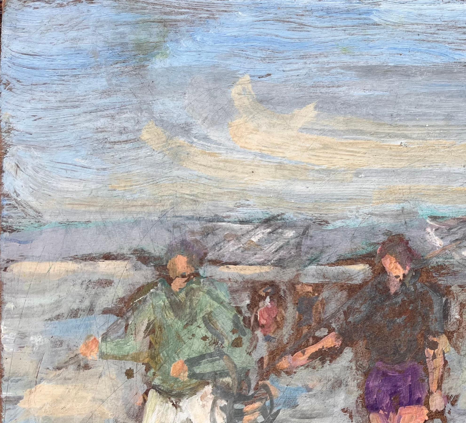Impressionist Coastal Gathering Scene with Barefoot Figures on Reflective Shore For Sale 1