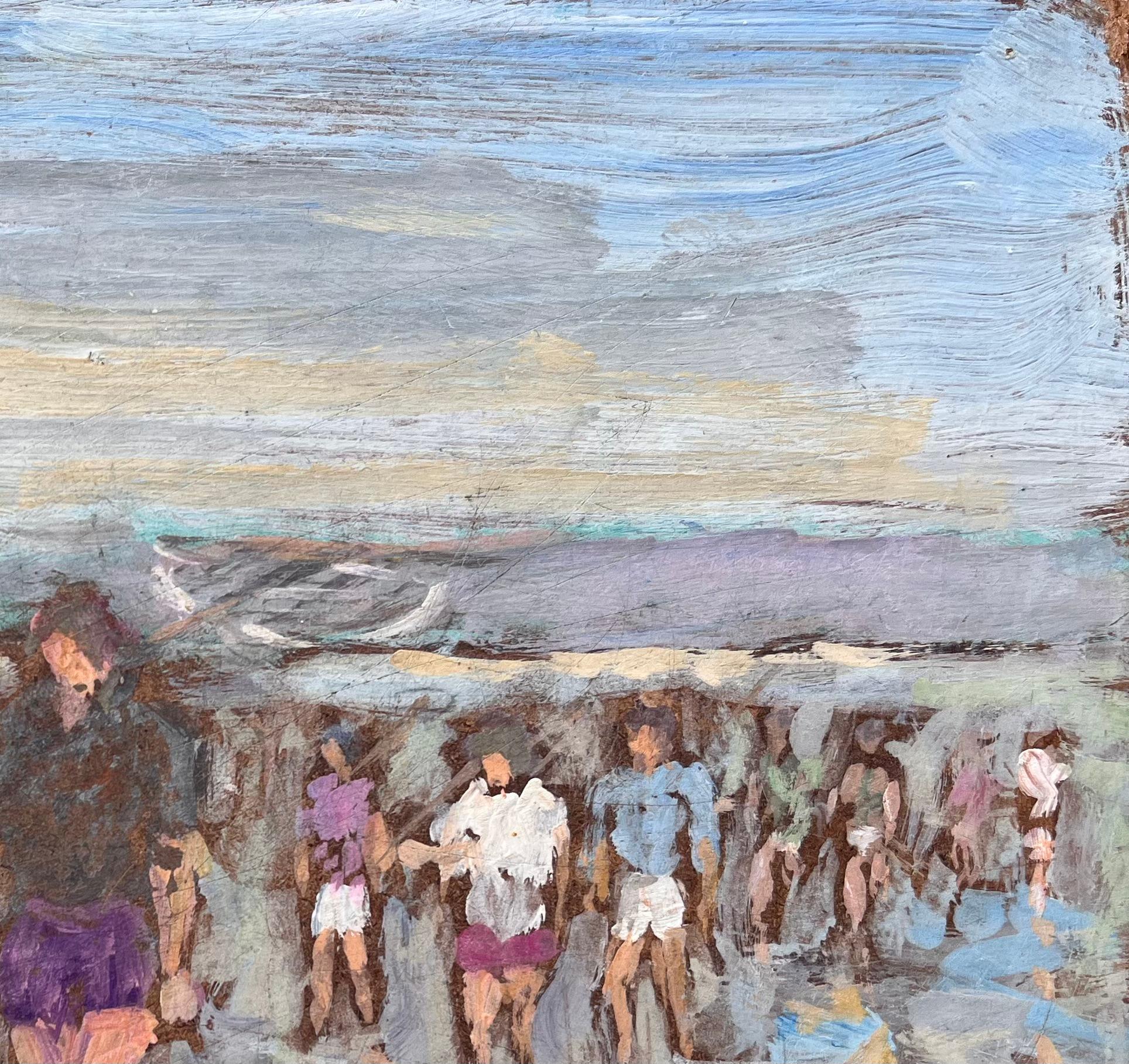 Impressionist Coastal Gathering Scene with Barefoot Figures on Reflective Shore For Sale 2