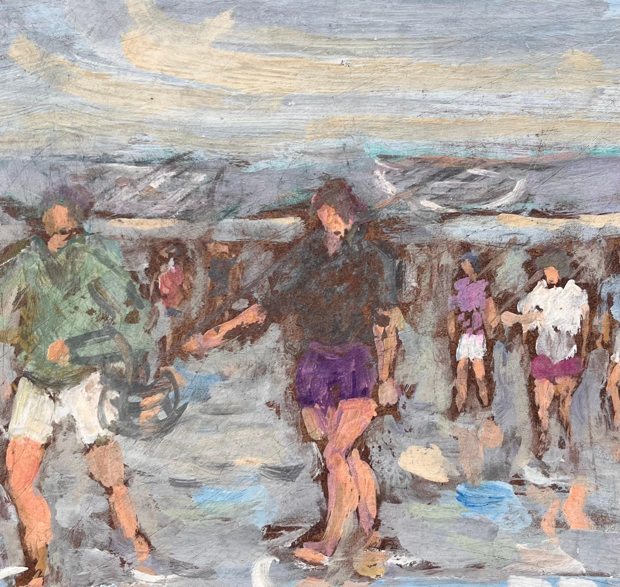 Impressionist Coastal Gathering Scene with Barefoot Figures on Reflective Shore For Sale 3