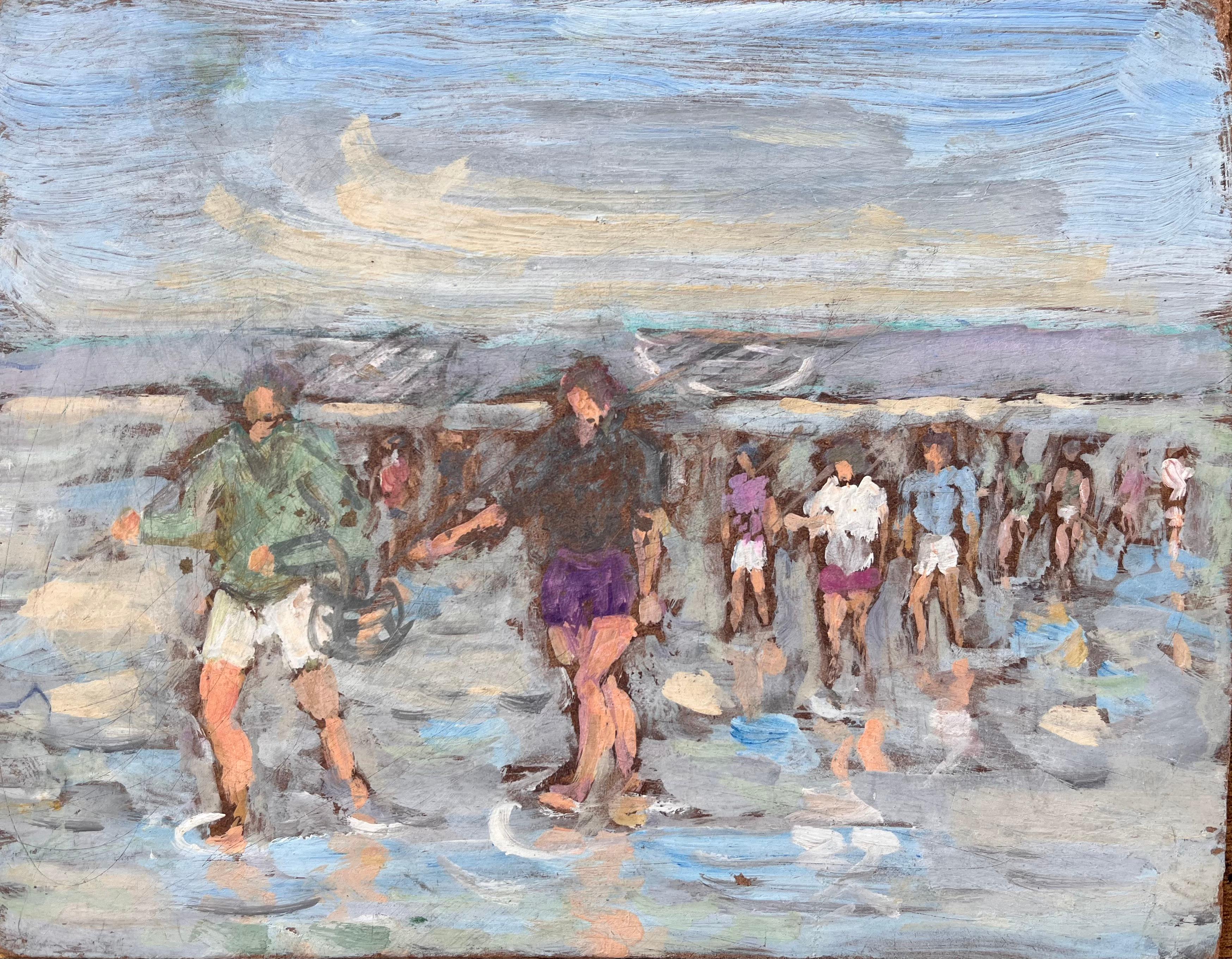 Impressionistische Coastal Gathering Scene mit Barefoot-Figuren auf reflektierender Fotografie