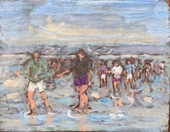 Impressionist Coastal Gathering Scene with Barefoot Figures on Reflective Shore