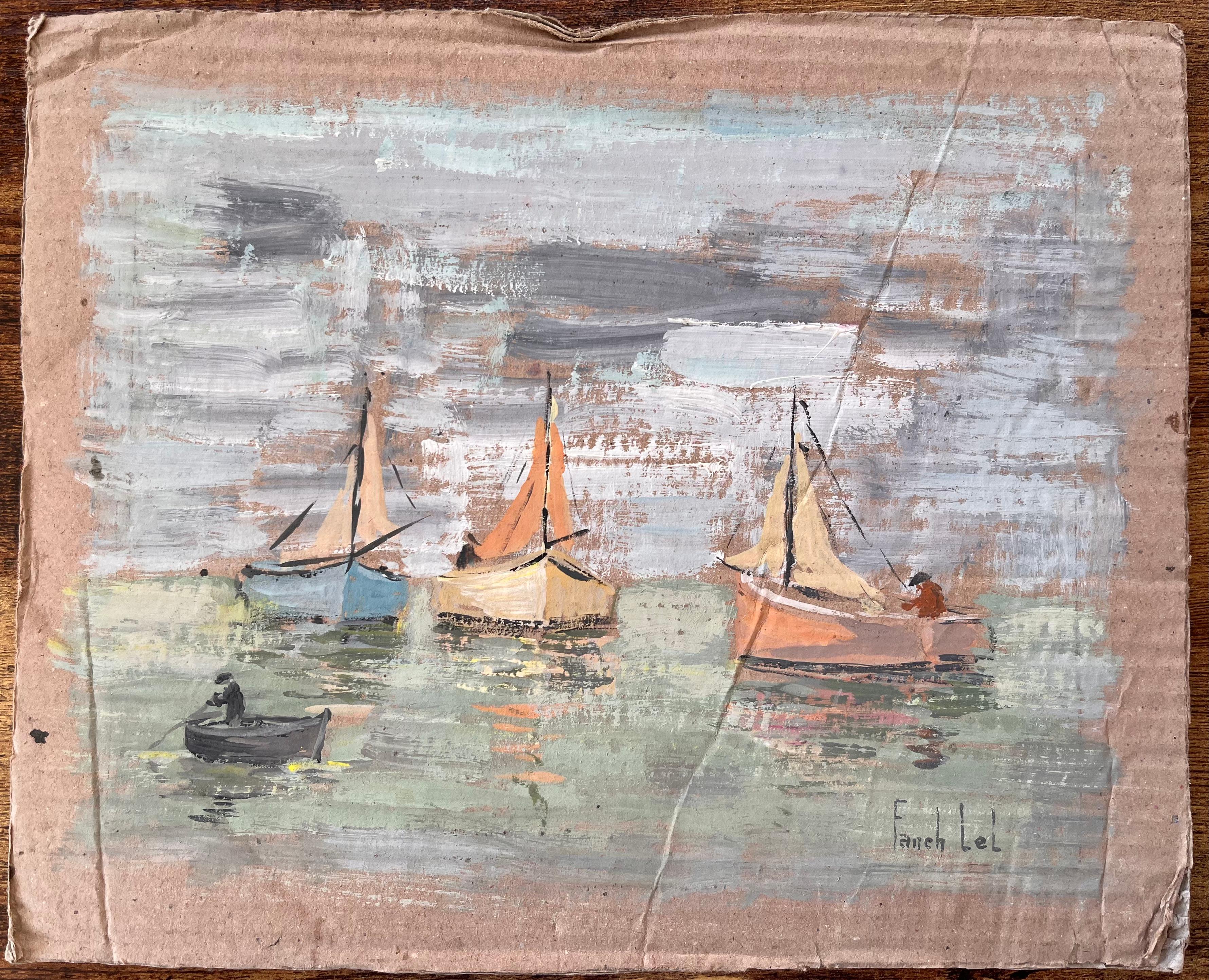 Impressionistisches Coastal Gouache-Gemälde von Fischerbooten und Ruderfigur auf See – Painting von Fanch Lel