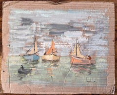 Impressionist Coastal Gouache Painting of Fishing Boats and Rowing Figure at Sea