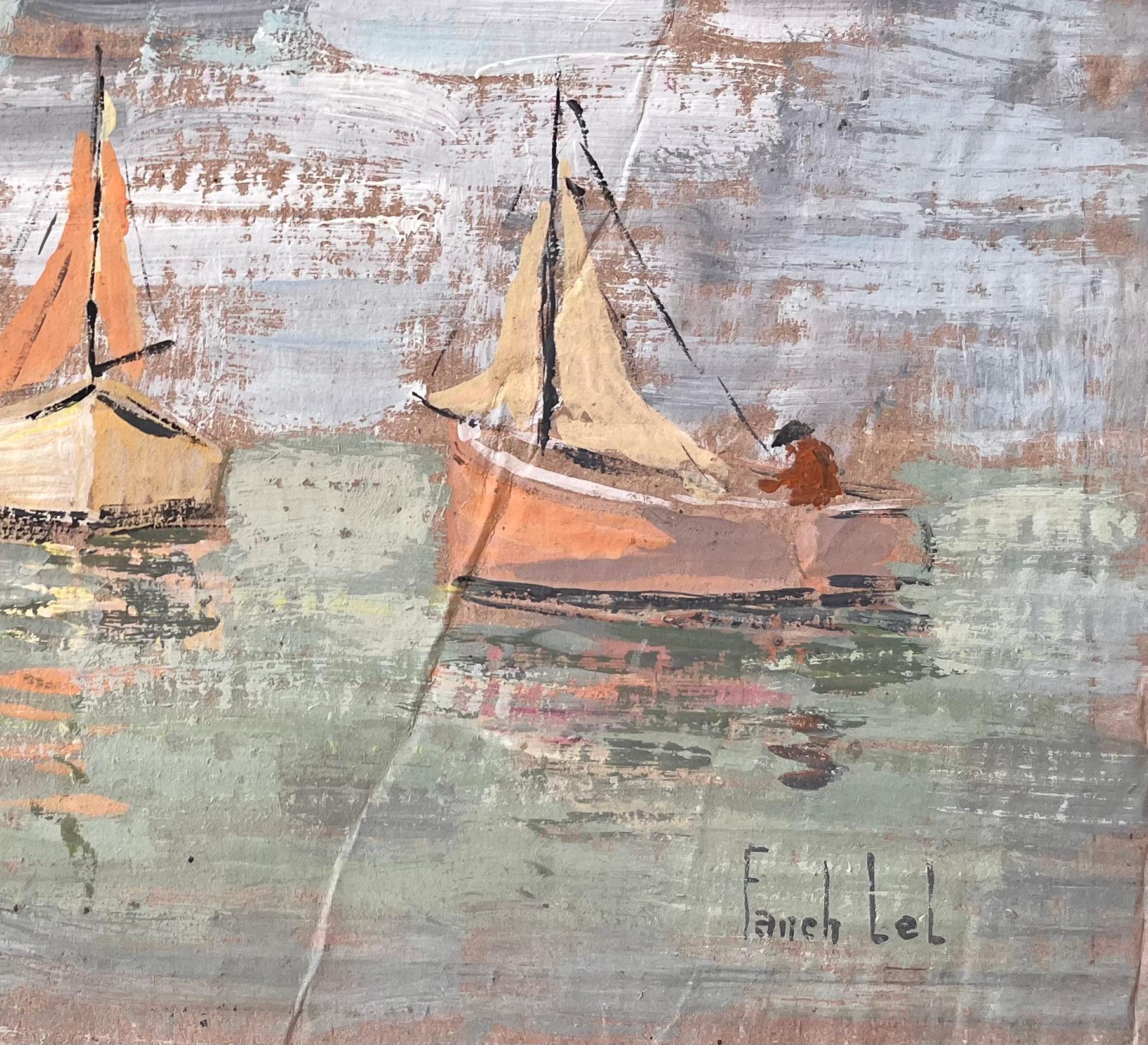 Impressionistisches Coastal Gouache-Gemälde von Fischerbooten und Ruderfigur auf See (Impressionismus), Painting, von Fanch Lel