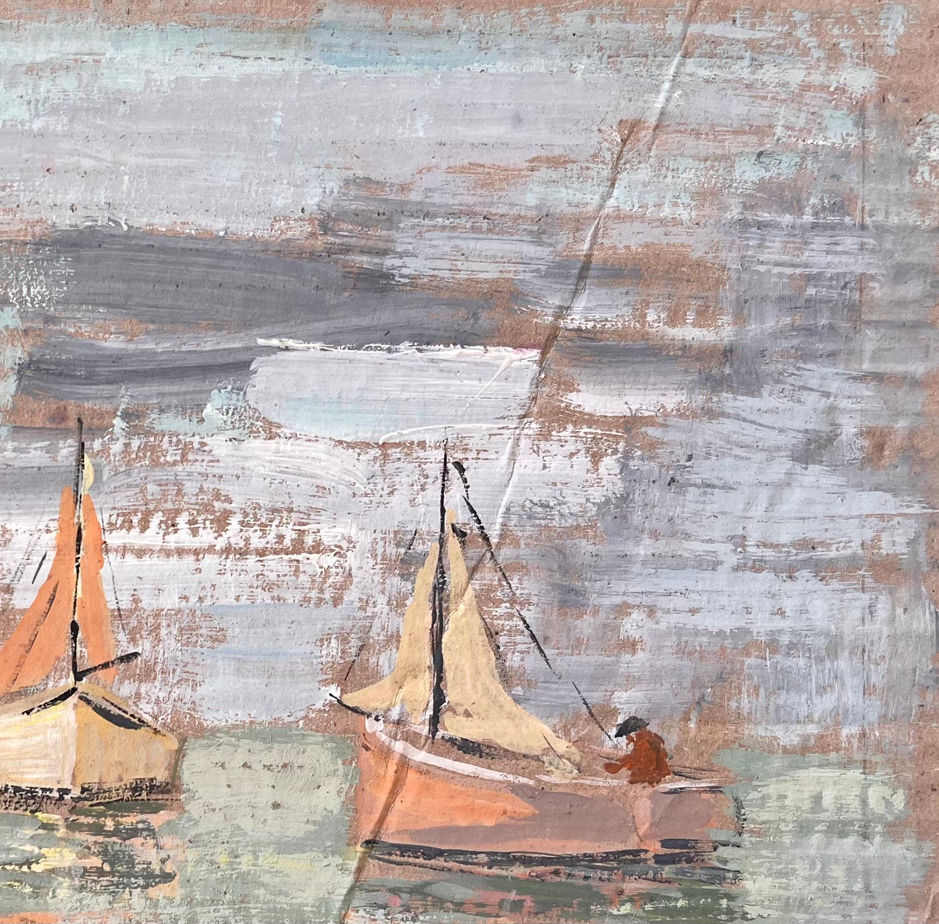 Impressionistisches Coastal Gouache-Gemälde von Fischerbooten und Ruderfigur auf See (Grau), Abstract Painting, von Fanch Lel