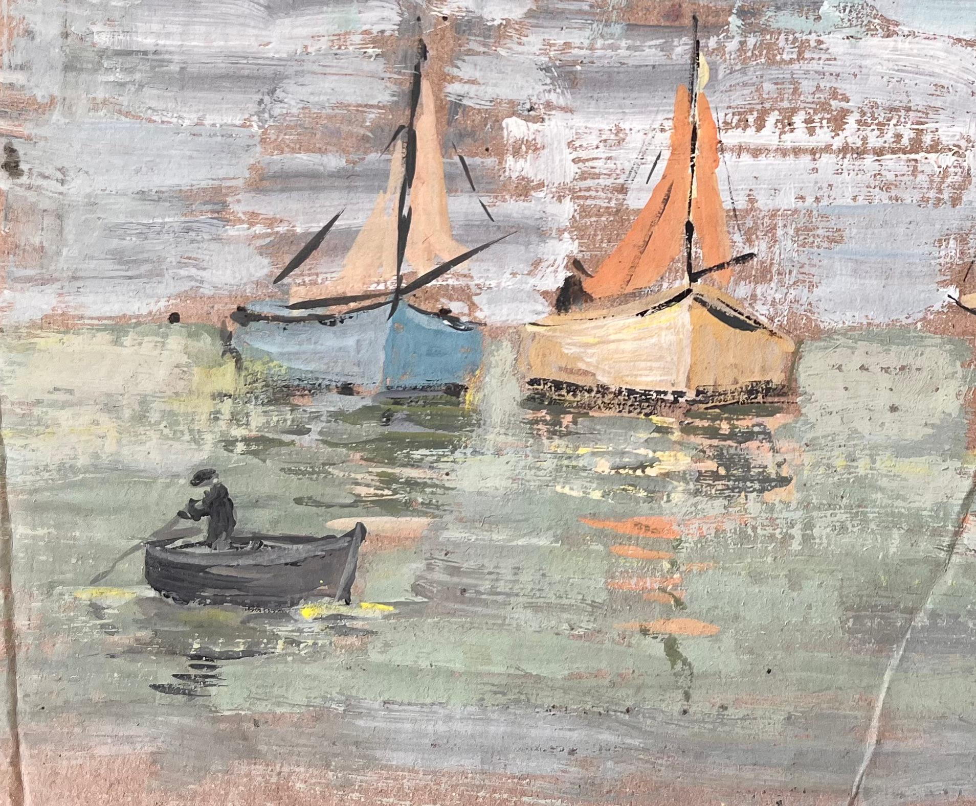Titel: Impressionistische Küsten-Gouache-Malerei mit Fischerbooten und rudernder Figur auf dem Meer
Von Fanch Lel
Unterschrieben: Ja
Größe: 9,75 x 11,75 Zoll (Höhe x Breite)
Gouache-Malerei auf Karton, ungerahmt
Zustand: Das Gemälde ist in gutem