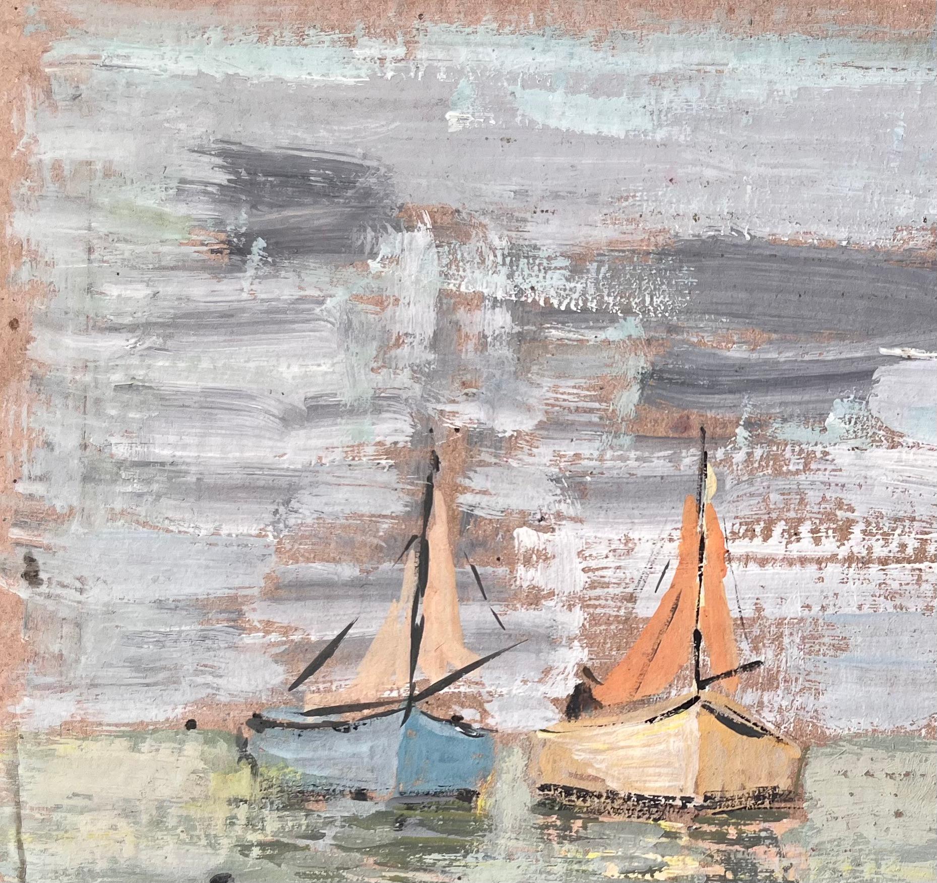Impressionistisches Coastal Gouache-Gemälde von Fischerbooten und Ruderfigur auf See im Angebot 1