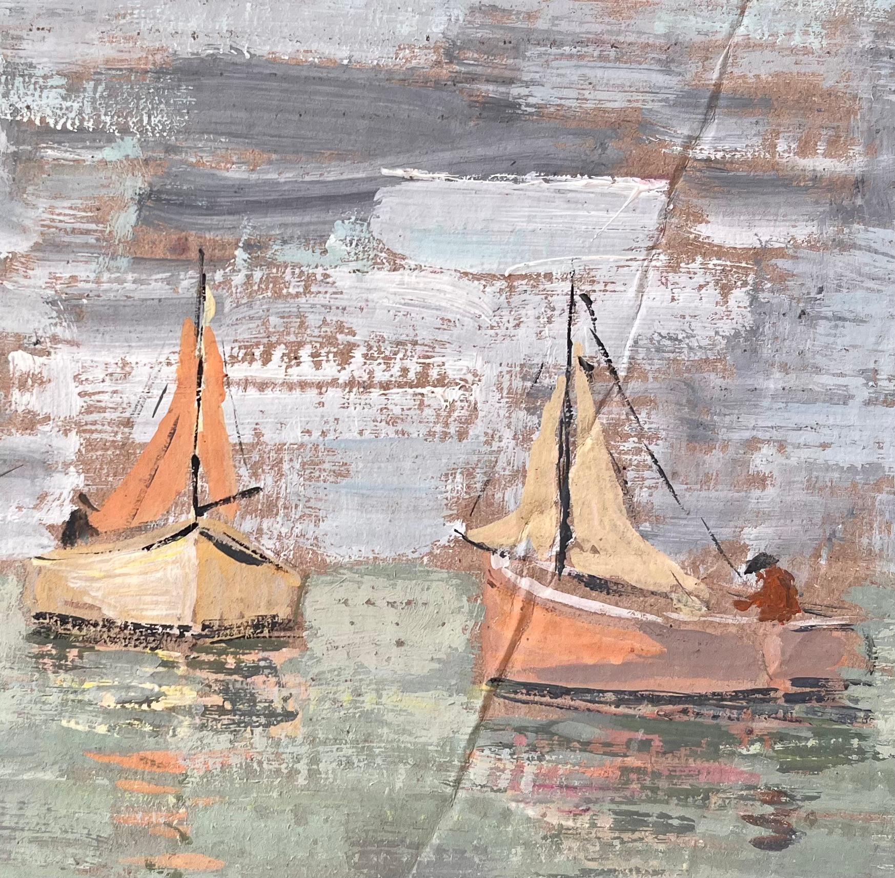 Impressionistisches Coastal Gouache-Gemälde von Fischerbooten und Ruderfigur auf See im Angebot 2