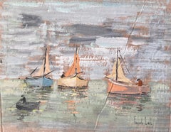 Impressionist Coastal Gouache Painting of Fishing Boats and Rowing Figure at Sea