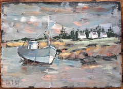 Paesaggio costiero impressionista con barca da pesca blu e cottage bianchi