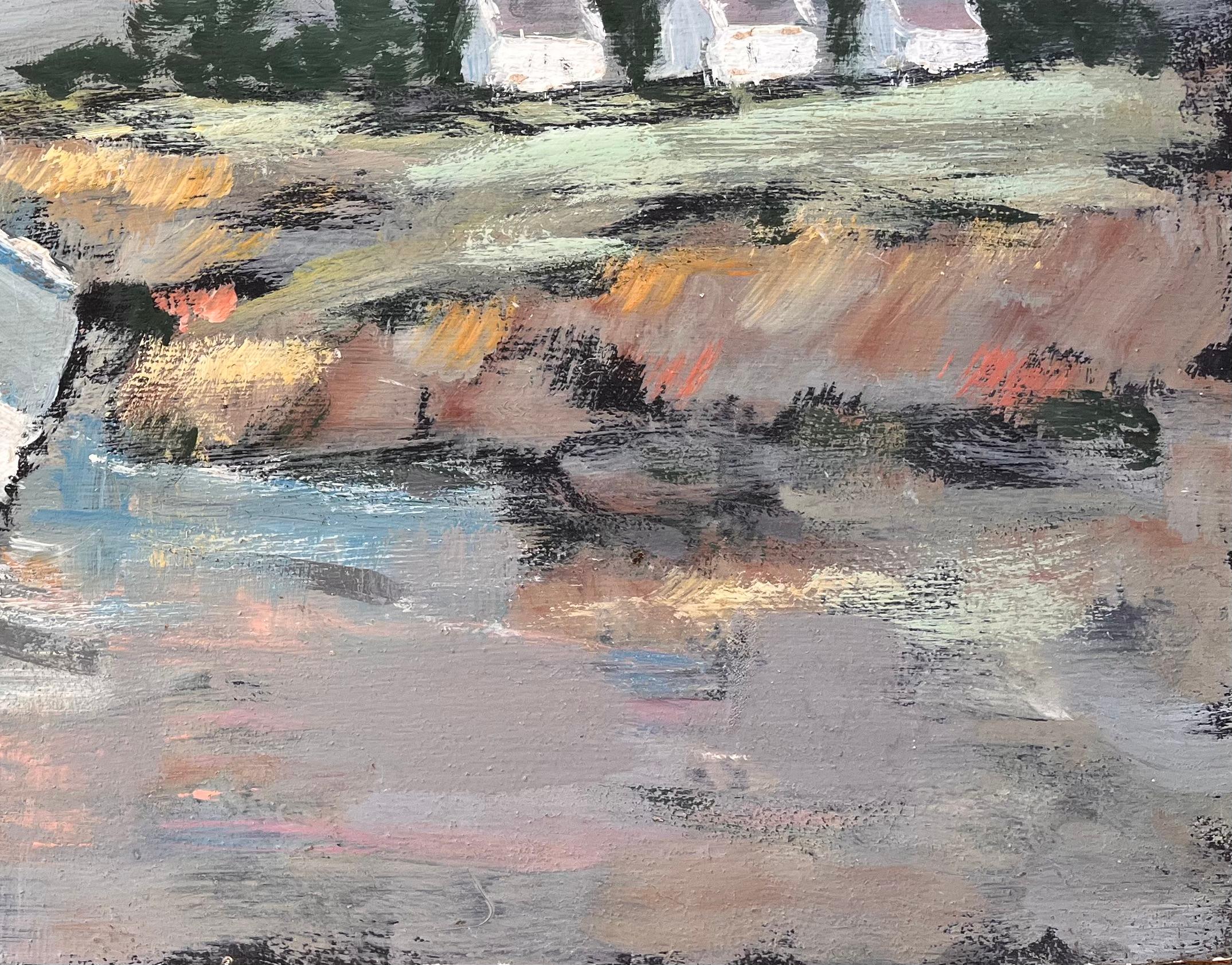Impressionistische Küstenlandschaft mit blauem Fischerboot und weißen Cottages (Impressionismus), Painting, von Fanch Lel