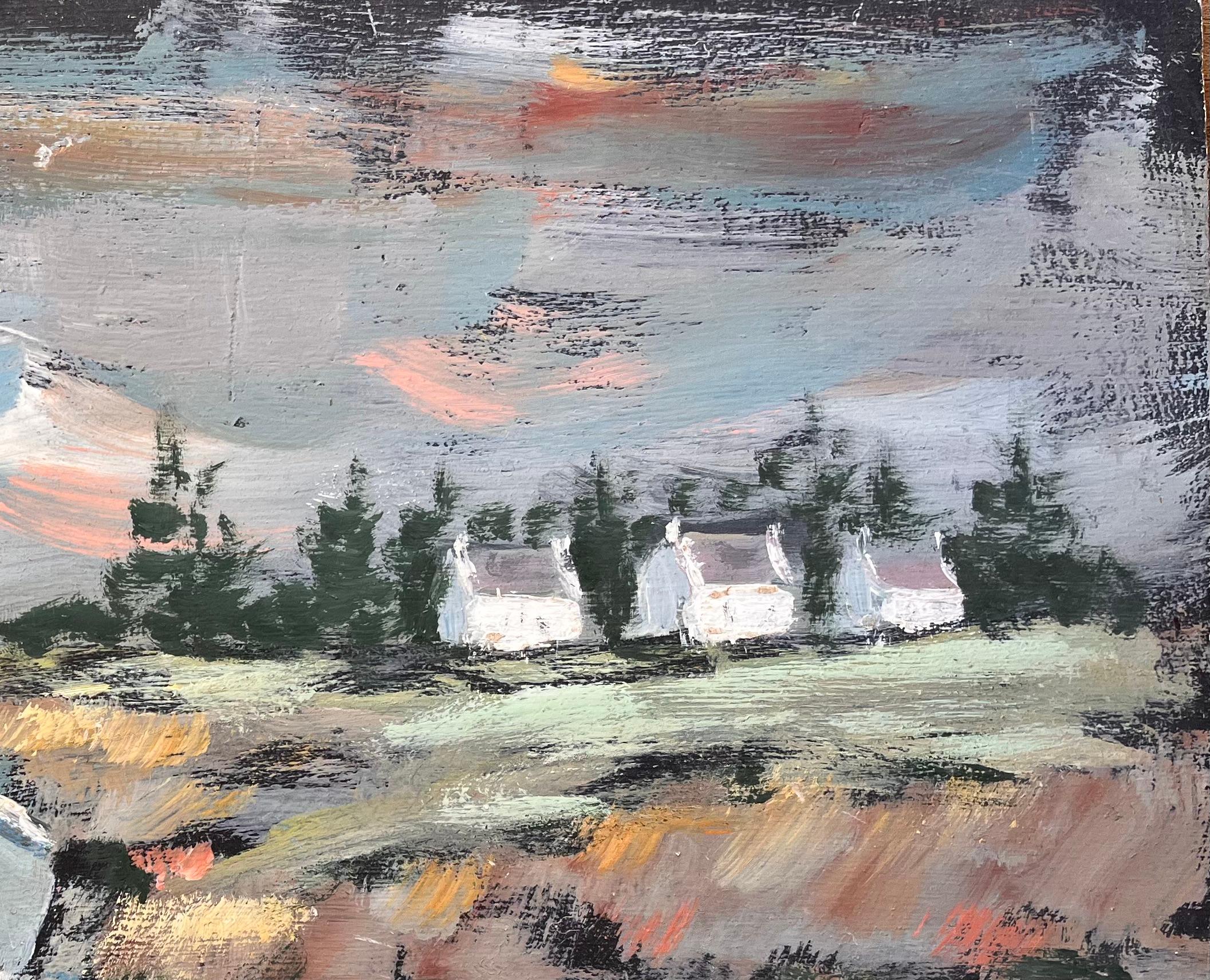 Impressionistische Küstenlandschaft mit blauem Fischerboot und weißen Cottages (Grau), Landscape Painting, von Fanch Lel