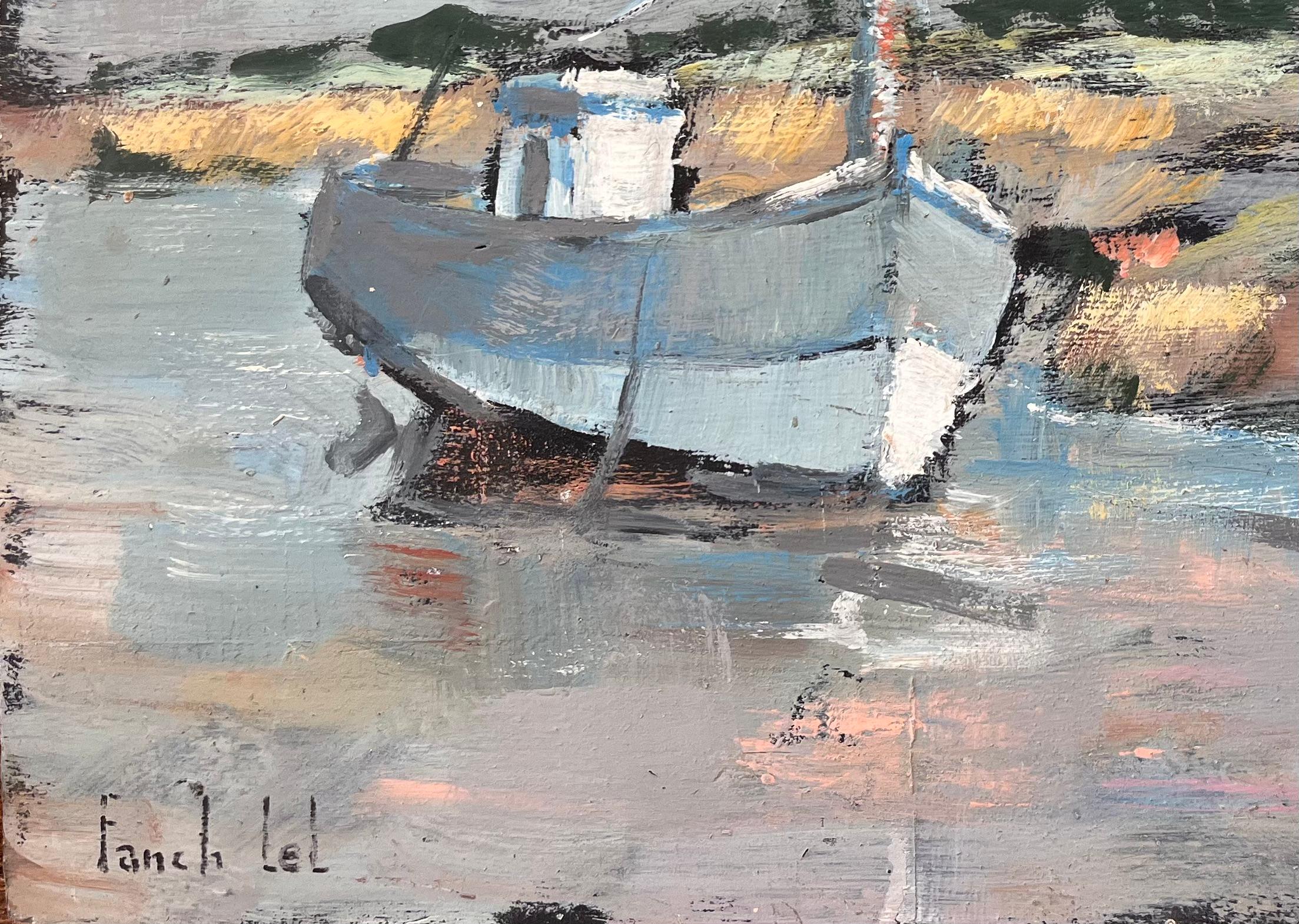 Titel: Impressionistische Küstenlandschaft mit blauem Fischerboot und weißen Häusern
Von Fanch Lel
Unterschrieben: Ja
Größe: 16,25 x 22,5 Zoll (Höhe x Breite)
Ölgemälde auf Karton, ungerahmt
Zustand: Das Gemälde ist in gutem Zustand mit