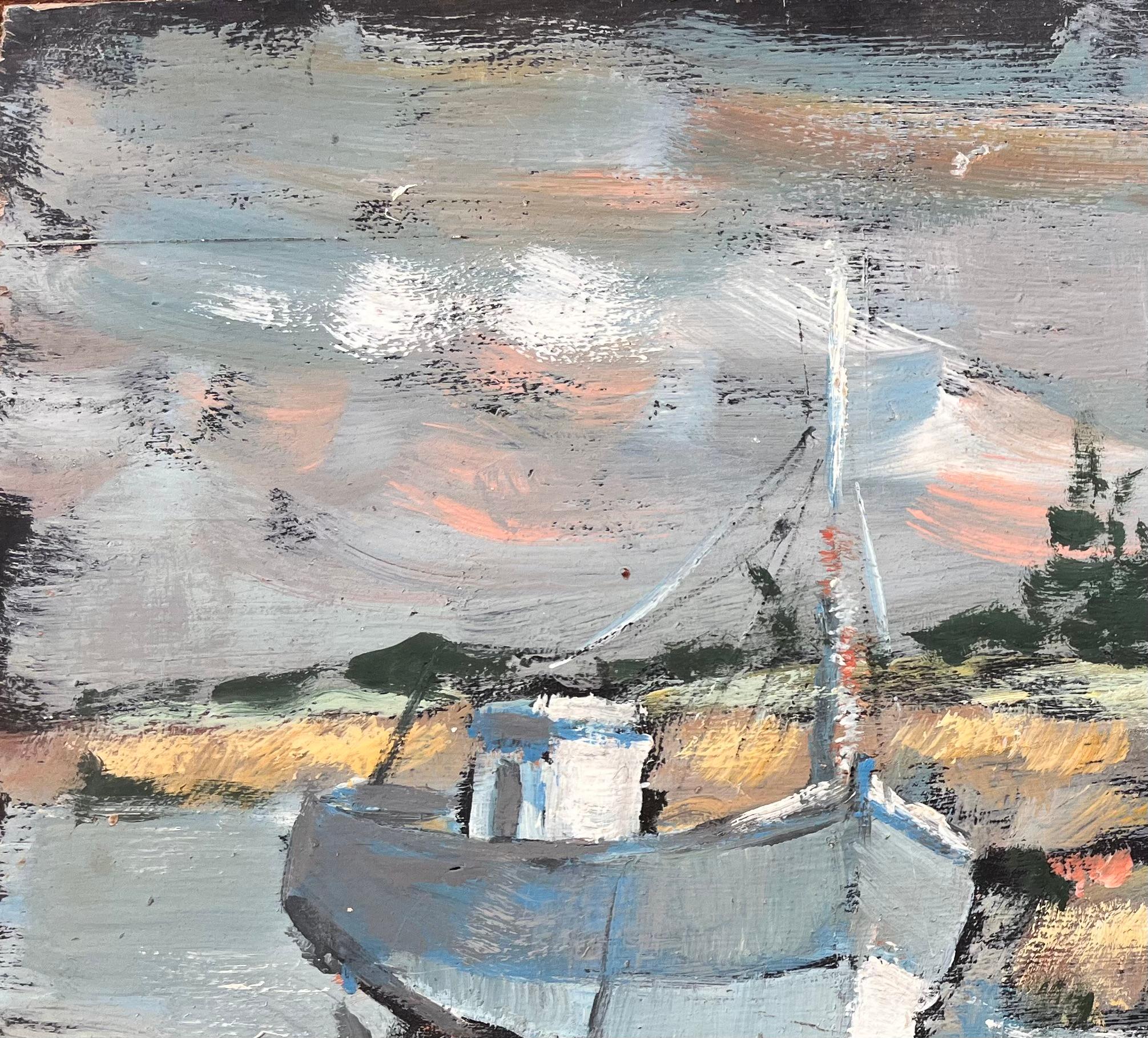 Impressionistische Küstenlandschaft mit blauem Fischerboot und weißen Cottages im Angebot 1