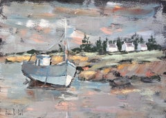 Impressionist Coastal Landscape with Blue Fishing Boat and White Cottages