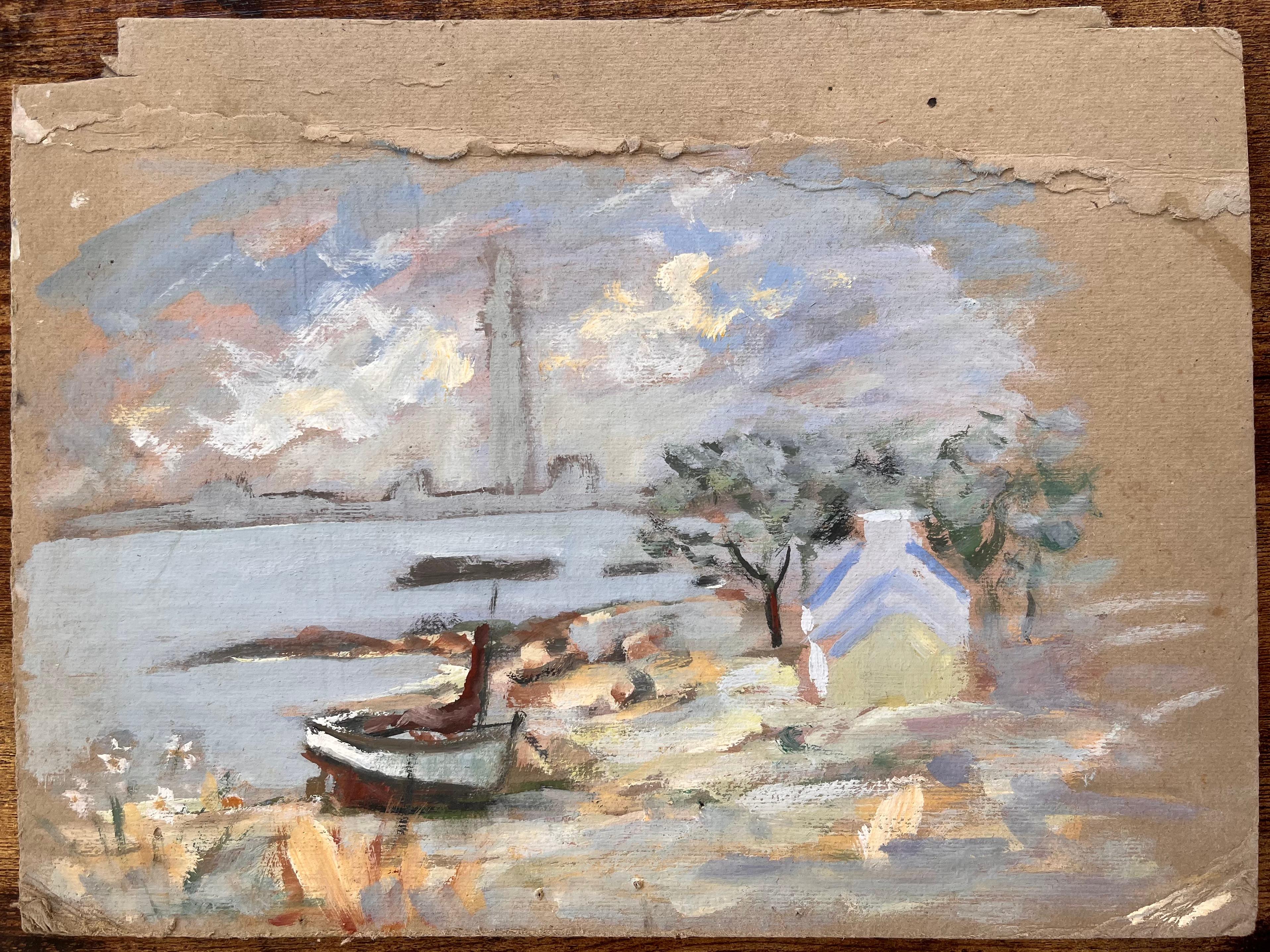 Paesaggio costiero impressionista con barca, alberi e cielo al tramonto - Painting di Fanch Lel