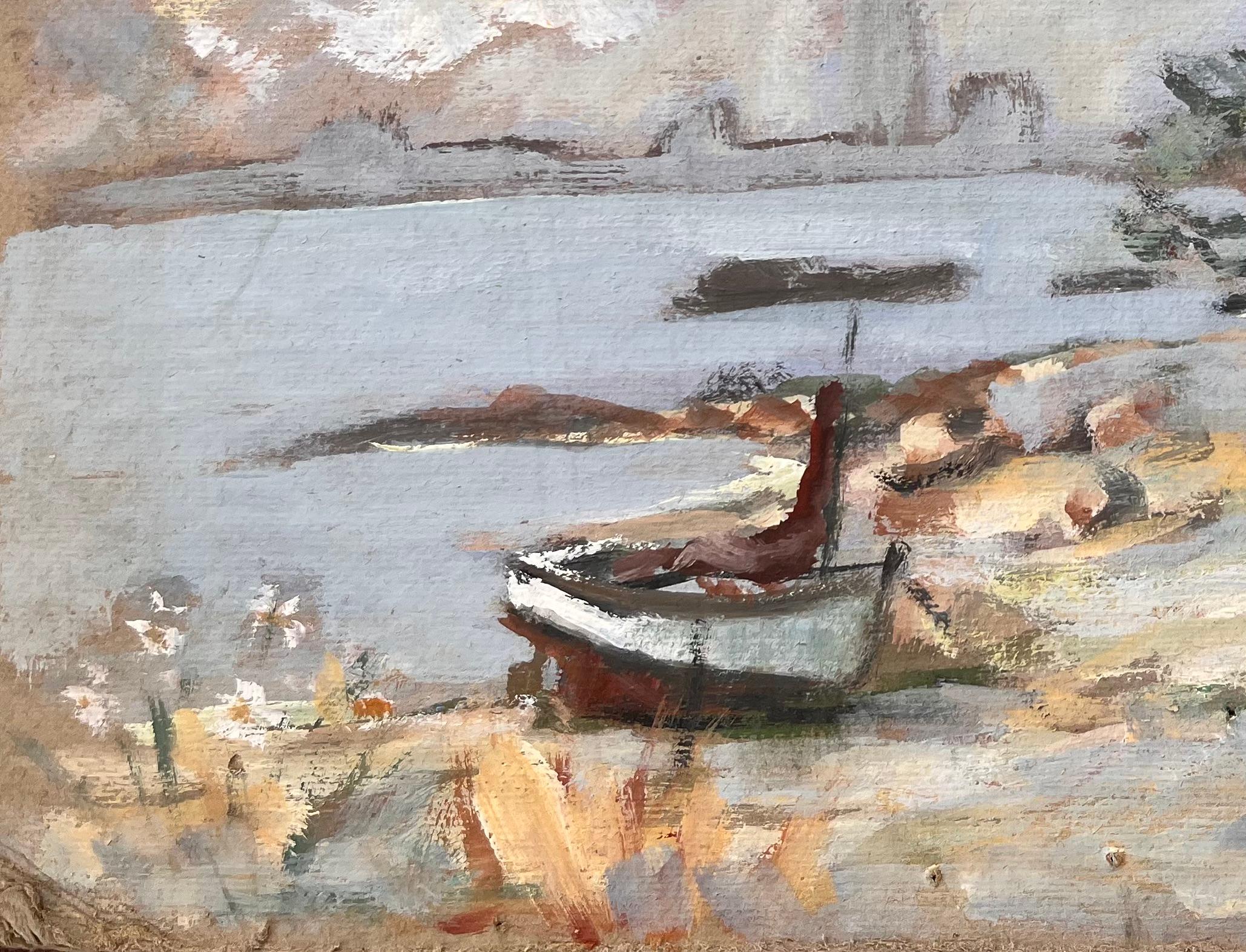 Paesaggio costiero impressionista con barca, alberi e cielo al tramonto - Painting Impressionismo di Fanch Lel