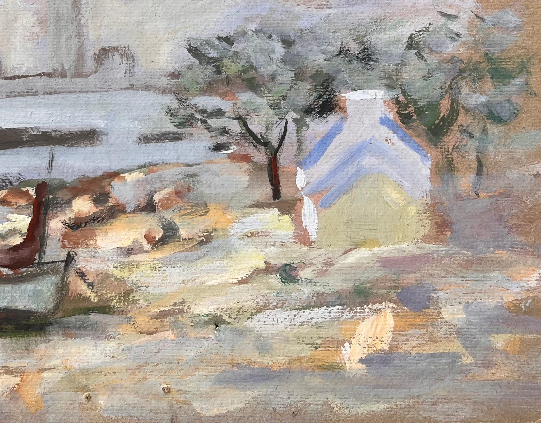 Paesaggio costiero impressionista con barca, alberi e cielo al tramonto - Abstract Painting Grigio di Fanch Lel