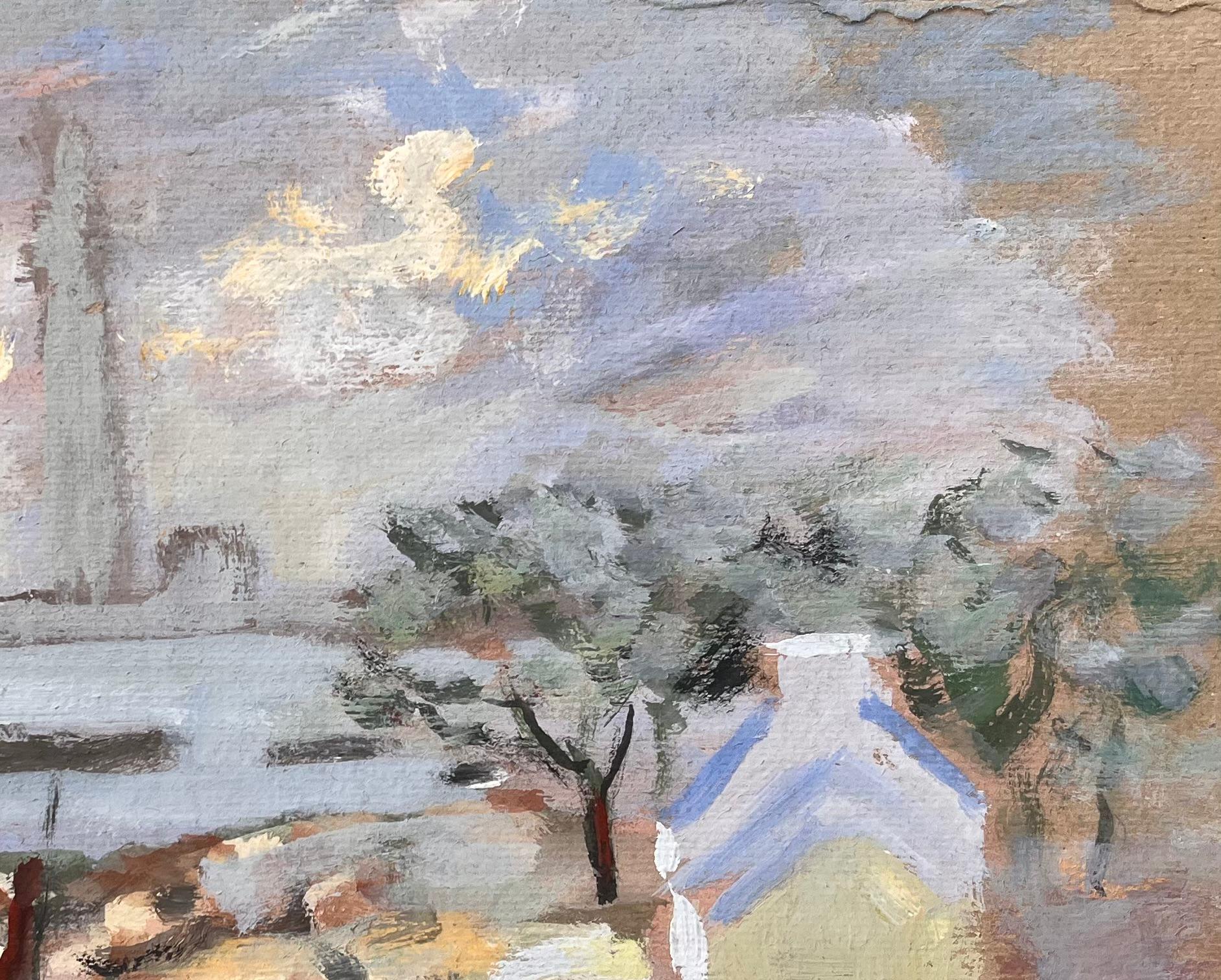 Titolo: Paesaggio costiero impressionista con barca, alberi e cielo al tramonto
Da Fanch Lel
Dimensioni: 9,75 x 13,25 pollici (altezza x larghezza)
Pittura a olio su tavola, senza cornice
Condit: Il dipinto è in buone condizioni e presenta una
