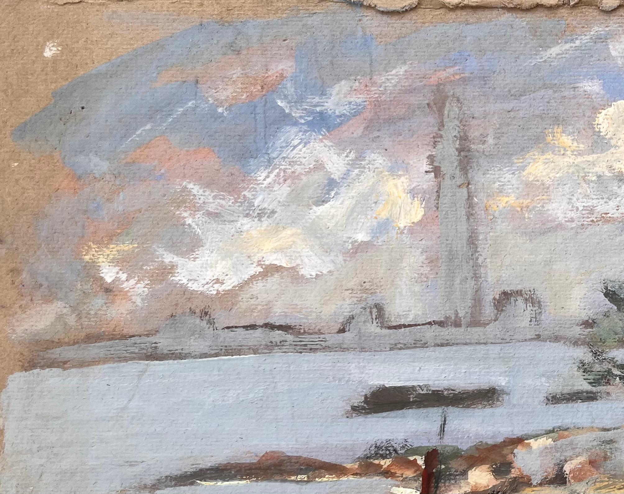 Paesaggio costiero impressionista con barca, alberi e cielo al tramonto in vendita 1
