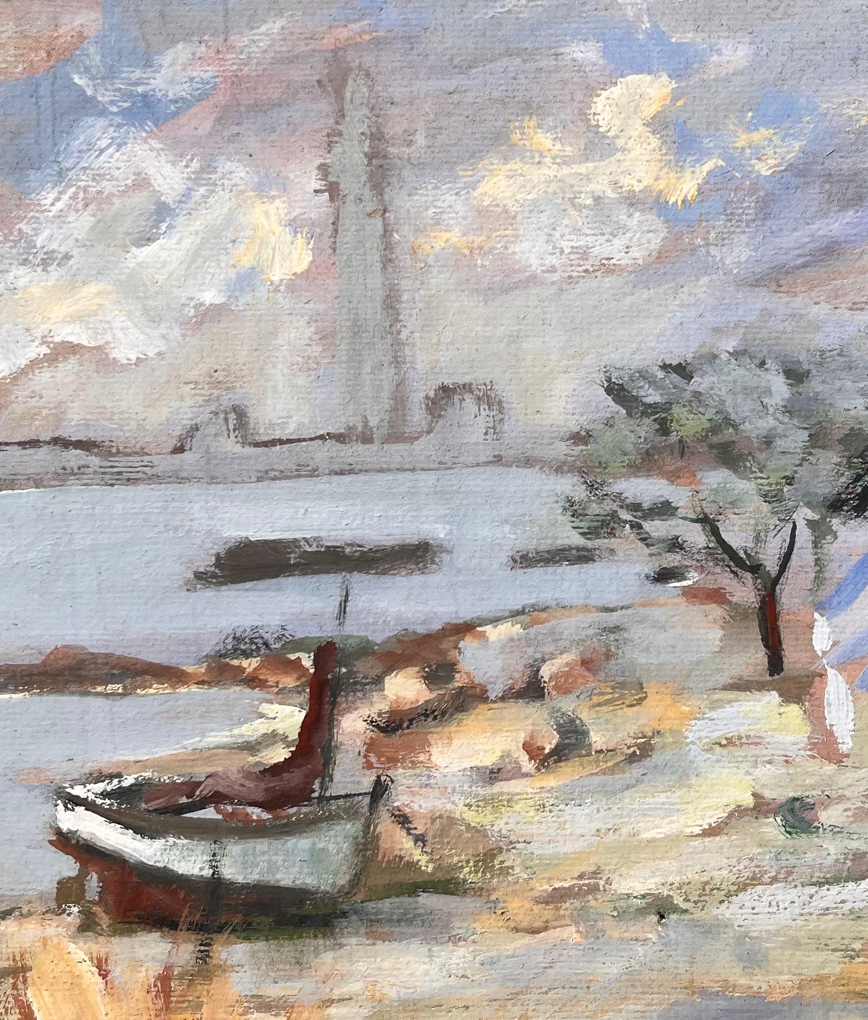 Paesaggio costiero impressionista con barca, alberi e cielo al tramonto in vendita 2
