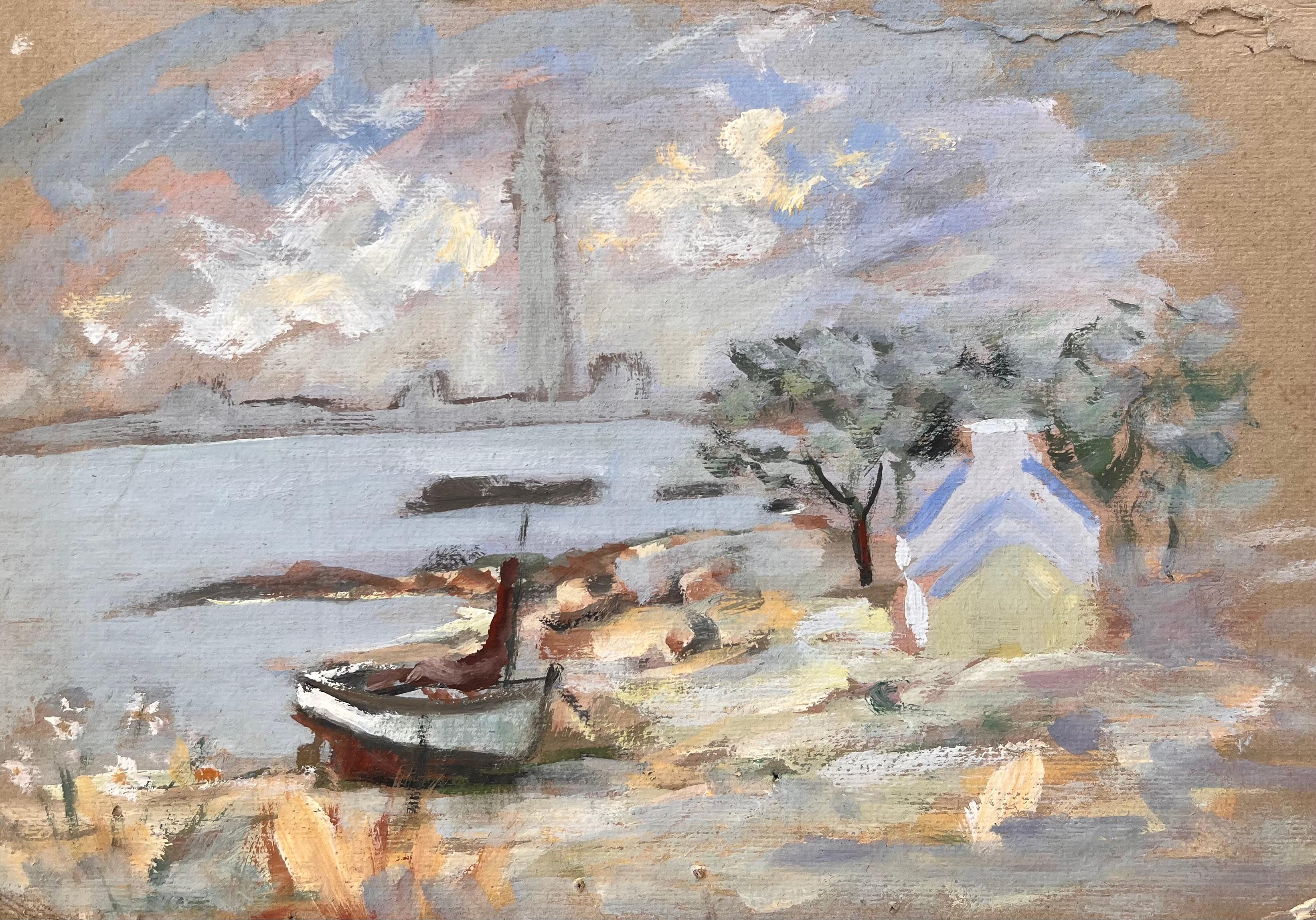 Impressionistische Küstenlandschaft mit Boots-/Häuserbäumen und Sonnenuntergang-Wolken