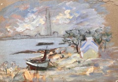 Impressionist Coastal Landscape with Boat Cottage Trees and Sunset Sky
