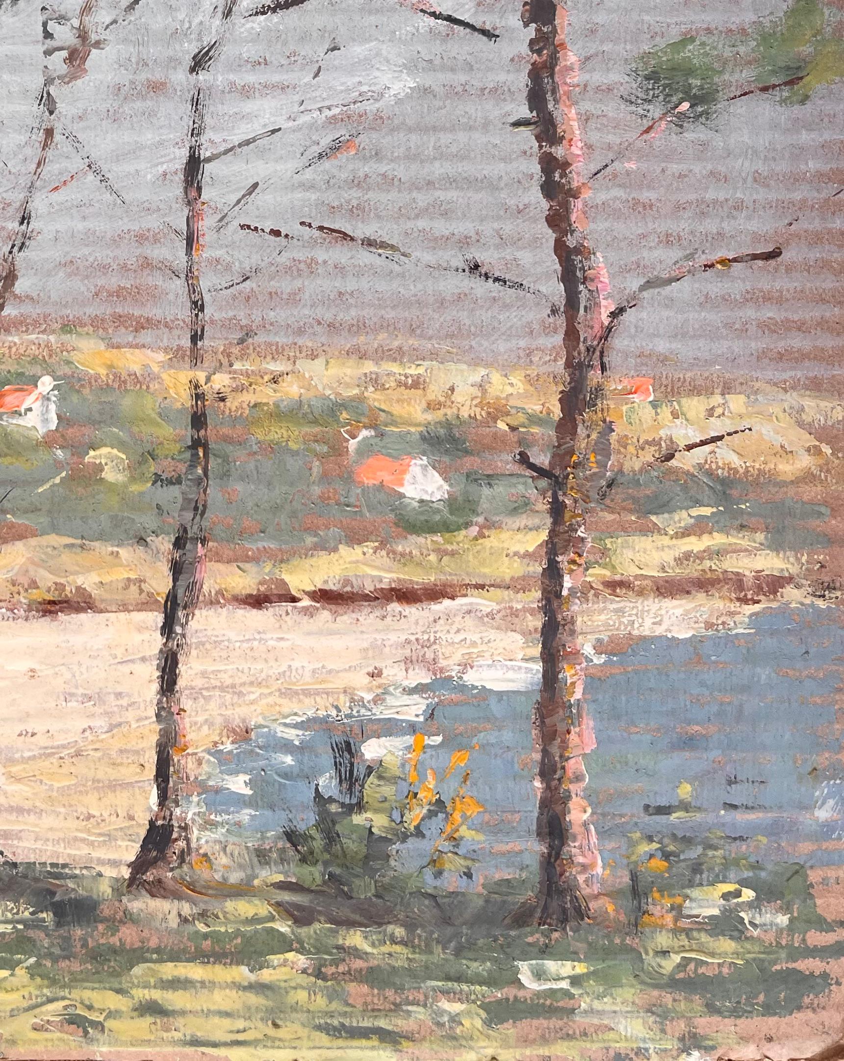 Impressionist Coastal Landscape with Pine Trees Sandy Shore and Distant Cottages - Painting by Fanch Lel