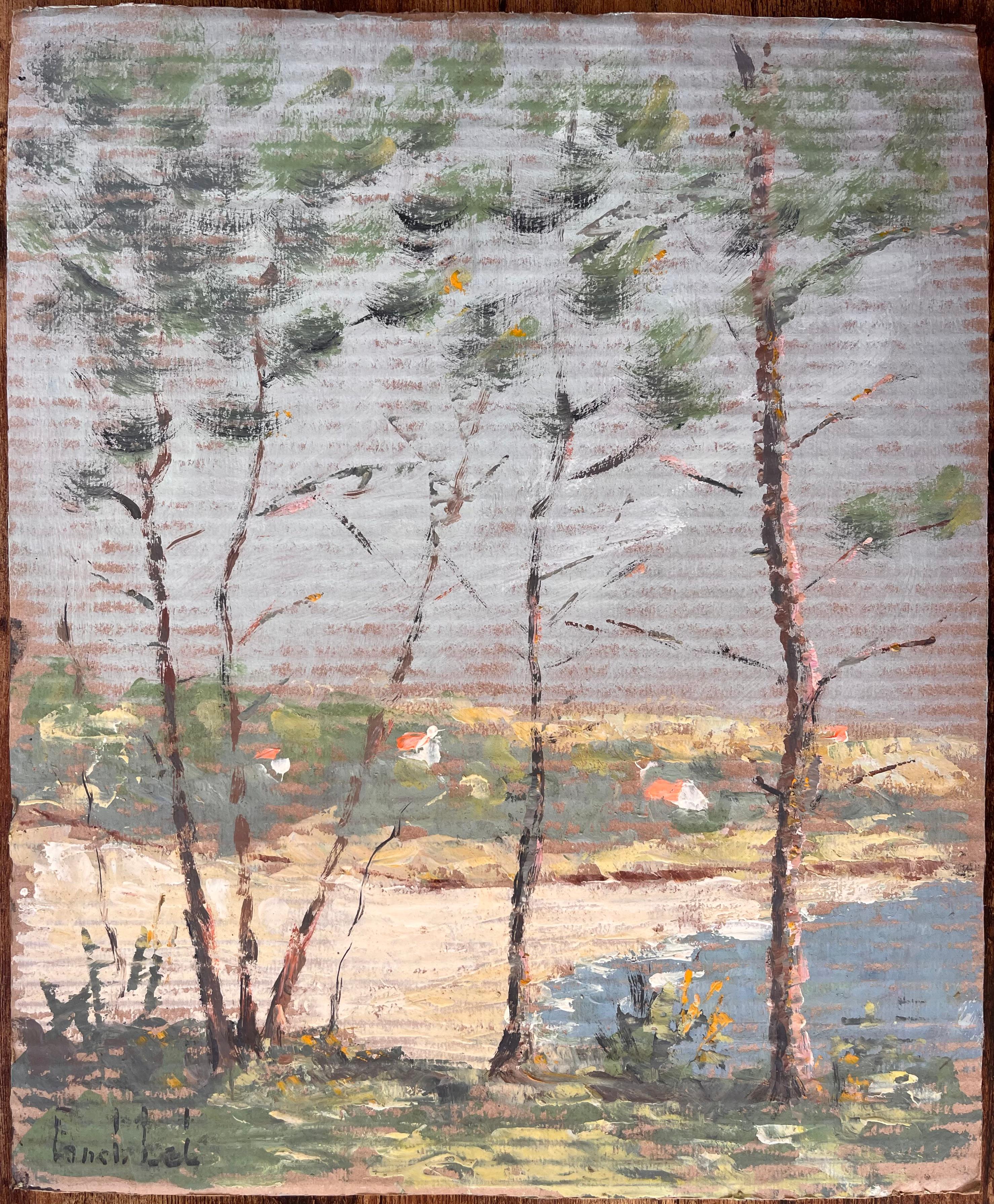 Impressionist Coastal Landscape with Pine Trees Sandy Shore and Distant Cottages - Gray Landscape Painting by Fanch Lel