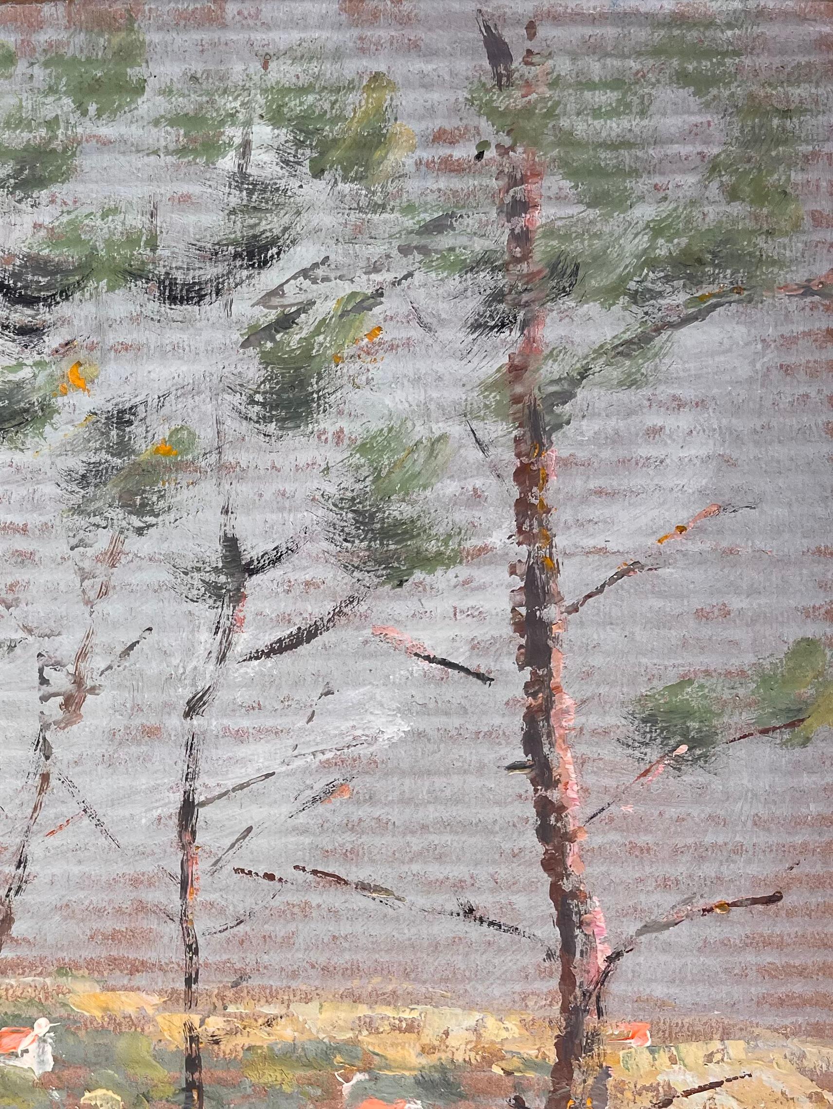 Title: Impressionist Coastal Landscape with Pine Trees Sandy Shore and Distant Cottages
By Fanch Les
Signed: Yes
Size: 18.25 x 15 inches (height x width)
Oil painting on cardboard, unframed
Condition: The painting is in good condition with