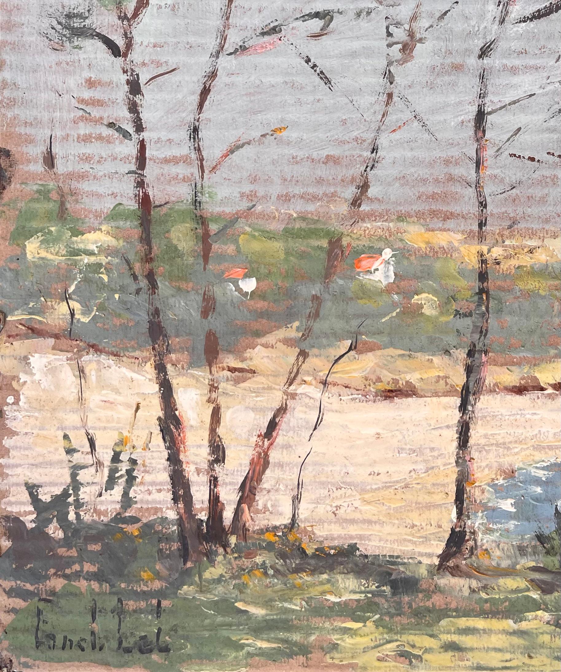 Impressionist Coastal Landscape with Pine Trees Sandy Shore and Distant Cottages For Sale 2