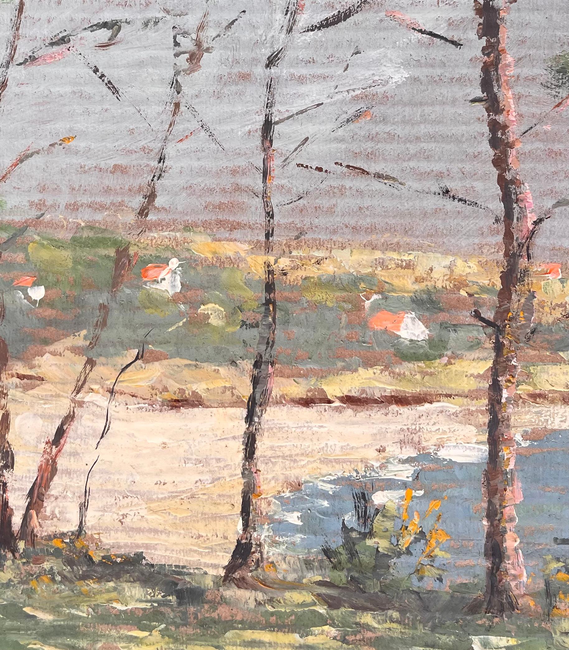 Impressionist Coastal Landscape with Pine Trees Sandy Shore and Distant Cottages For Sale 3
