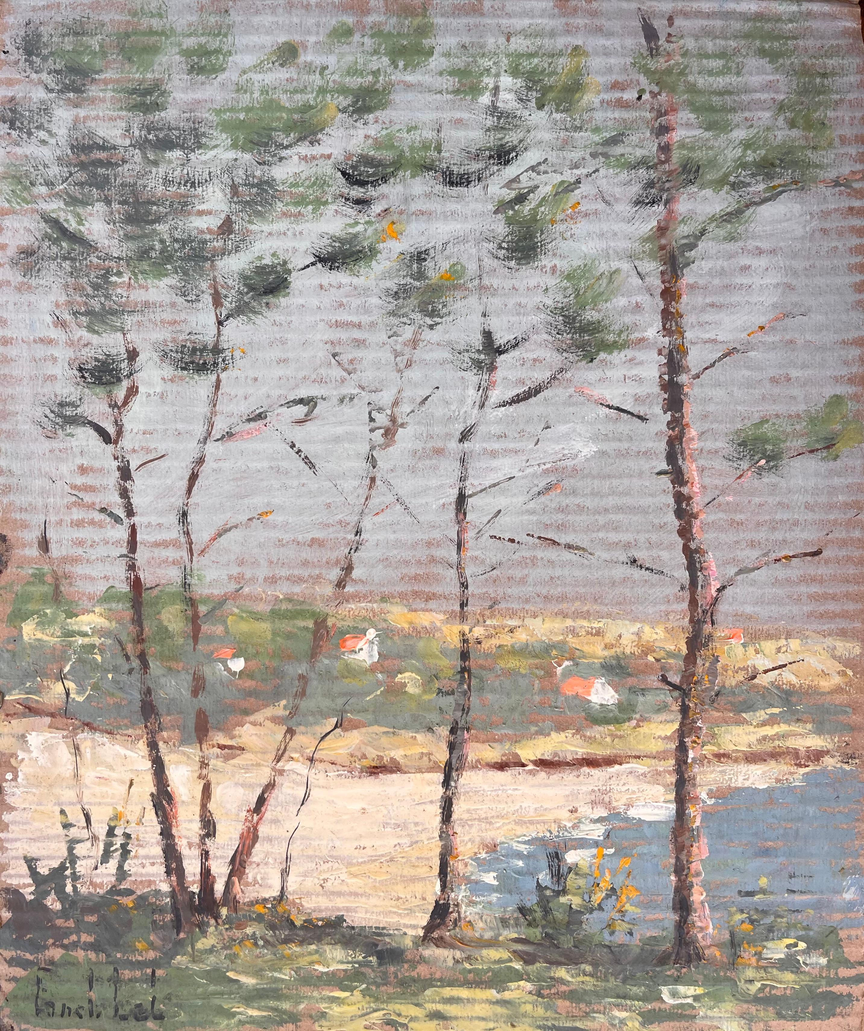 Impressionistische Küstenlandschaft mit Kiefernholzbäumen, Sandufer und Distanzhütten