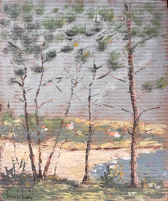 Vintage Impressionist Coastal Landscape with Pine Trees Sandy Shore and Distant Cottages