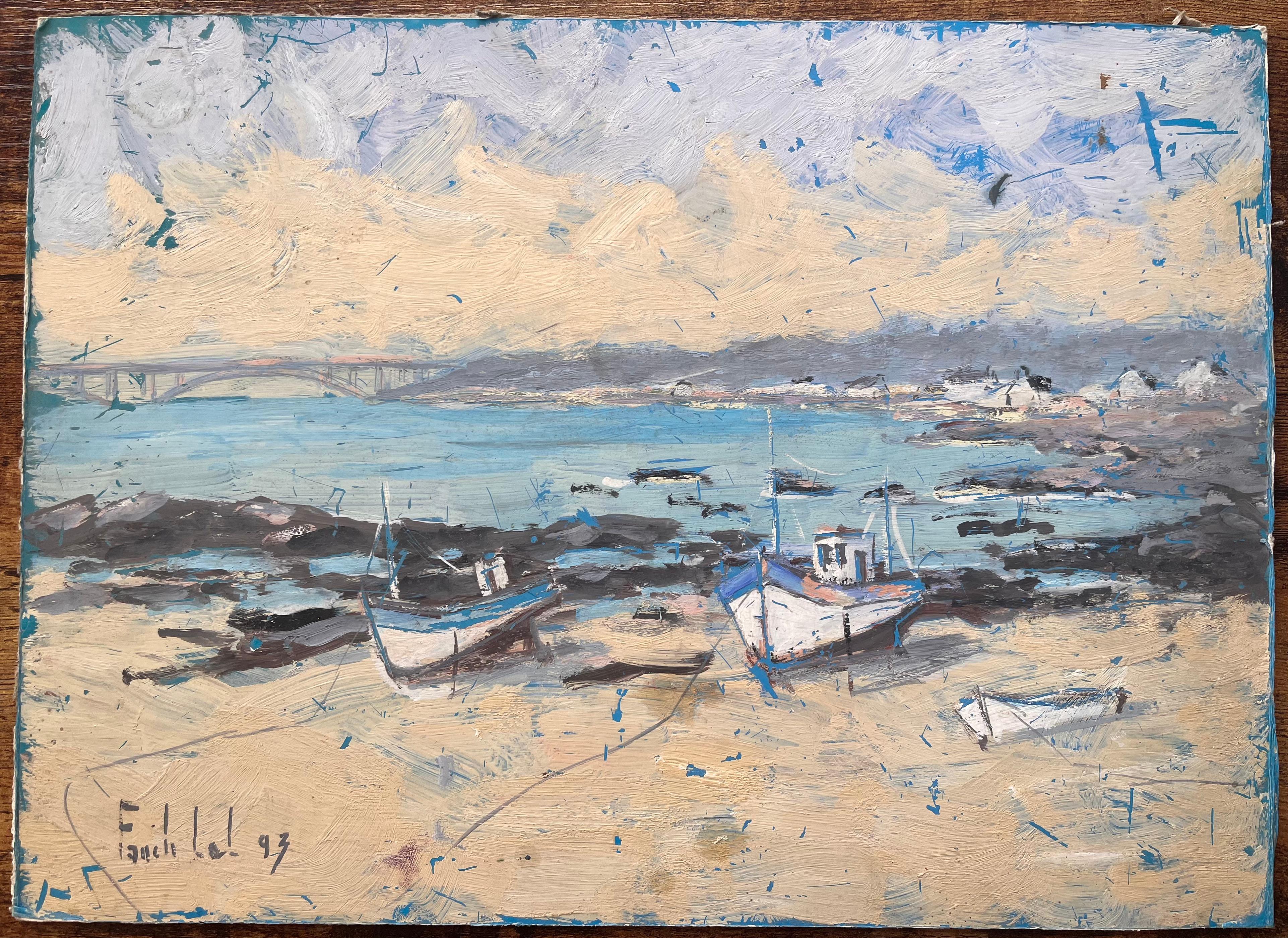 Scène côtière impressionniste représentant des bateaux de pêche à basse température avec vue sur le pont - Painting de Fanch Lel