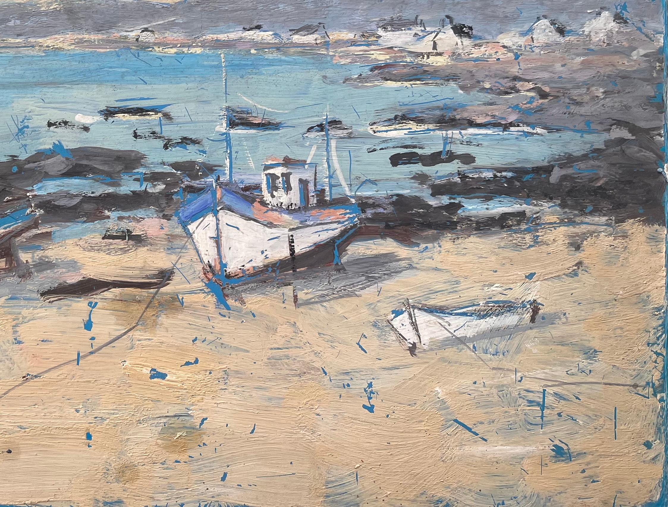 Scène côtière impressionniste représentant des bateaux de pêche à basse température avec vue sur le pont - Impressionnisme Painting par Fanch Lel