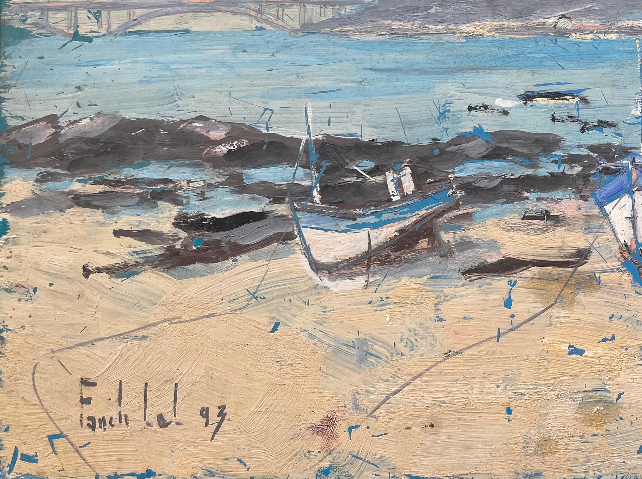 Titre : Scène côtière impressionniste de bateaux de pêche à marée basse avec vue sur le pont 
Par Fanch Lel
Signé : Oui
Taille : 11.5 x 15.75 pouces (hauteur x largeur)
Peinture à l'huile sur carton, non encadrée
Condit : Le tableau est en bon