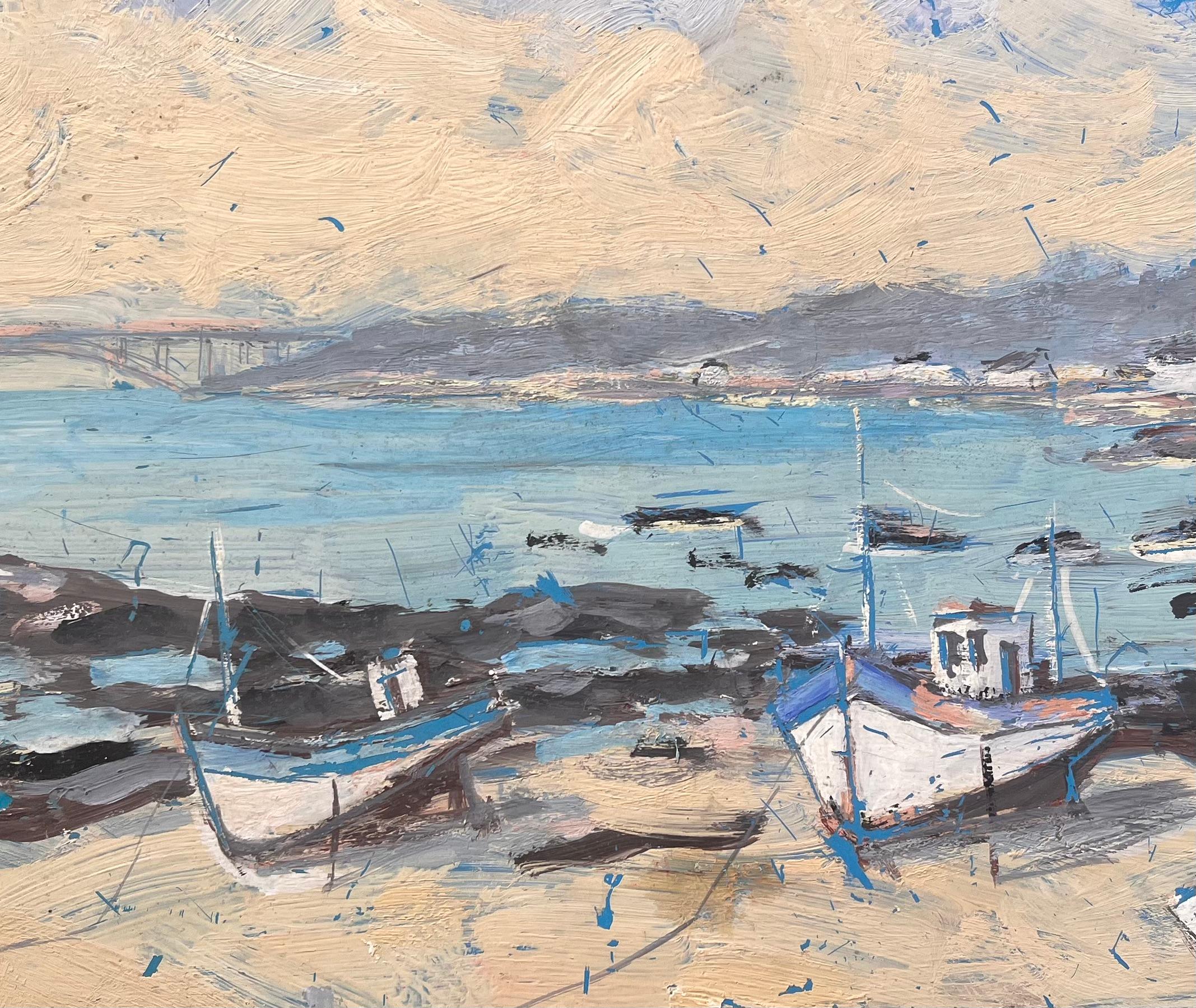 Scène côtière impressionniste représentant des bateaux de pêche à basse température avec vue sur le pont en vente 2