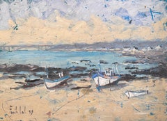 Impressionist Coastal Scene of Fishing Boats at Low Tide with Bridge View