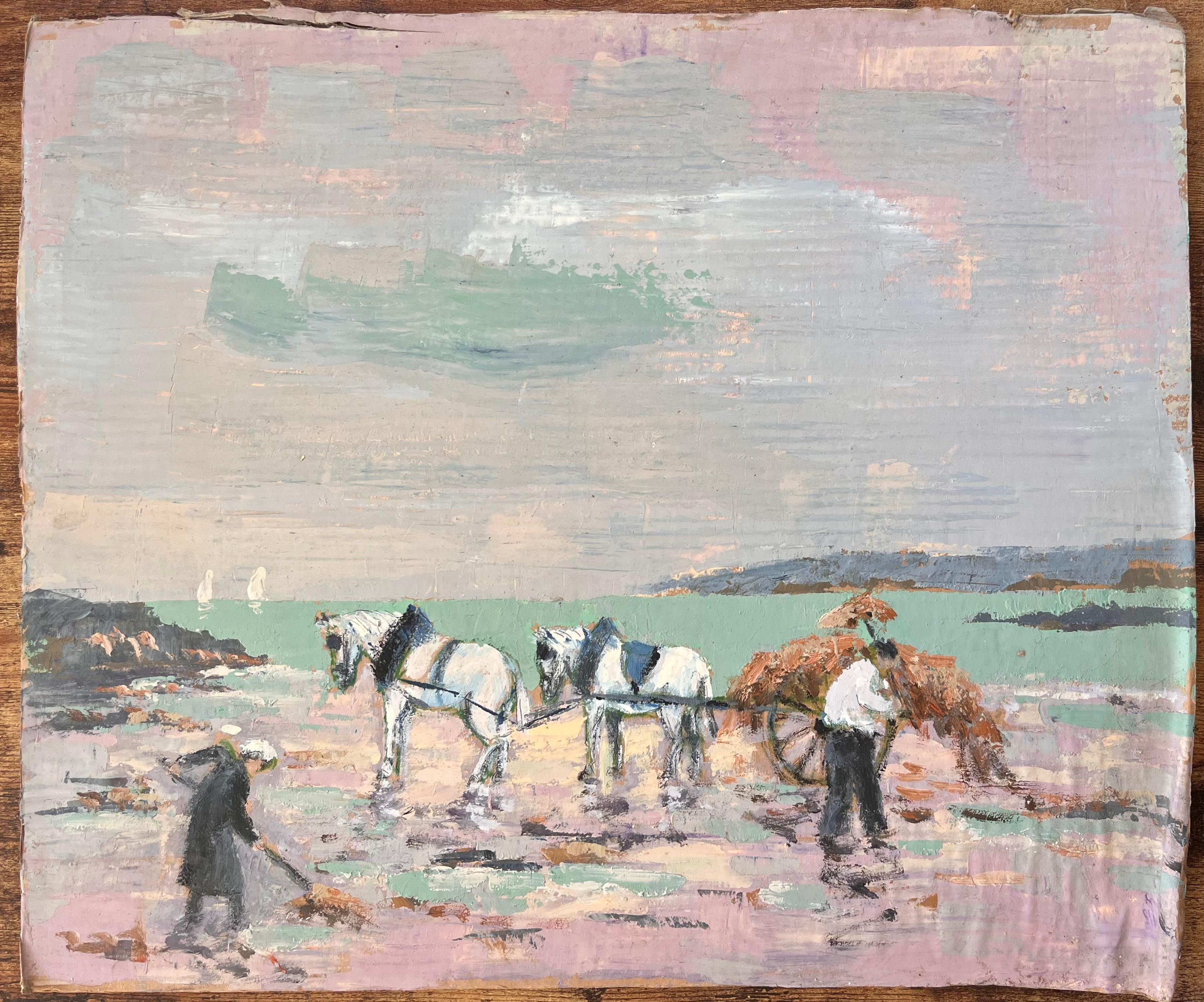 Scène côtière impressionniste avec charrette à cheval, cueilleurs d'algues et ciel pastel - Painting de Fanch Lel