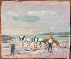 Impressionist Coastal Scene with Horse Cart Seaweed Gatherers and Pastel Sky