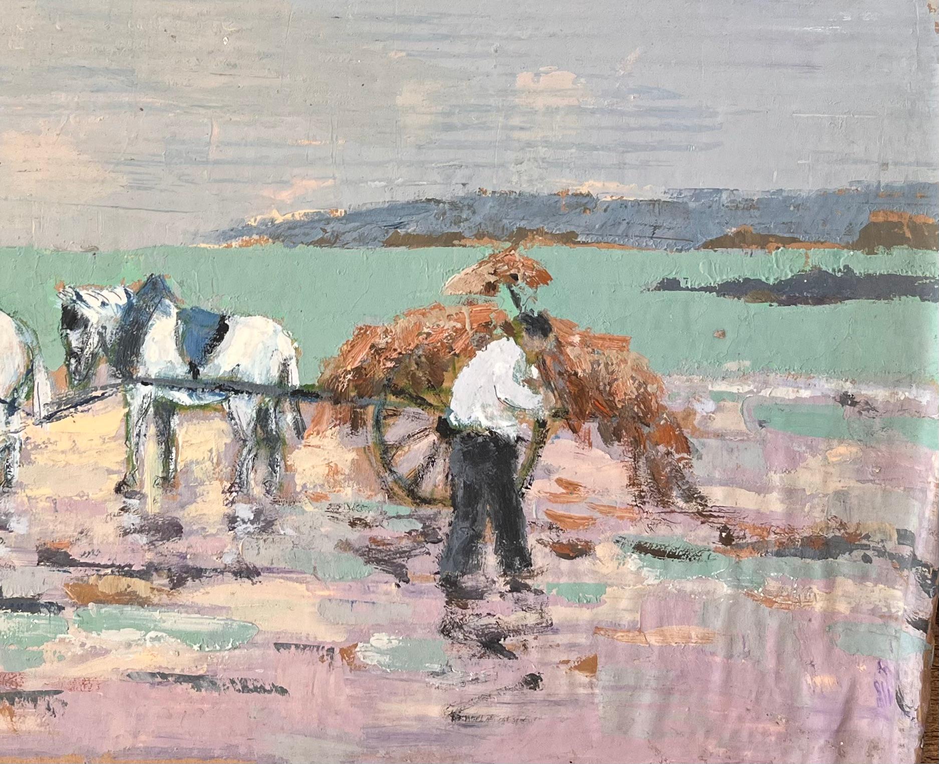 Scène côtière impressionniste avec charrette à cheval, cueilleurs d'algues et ciel pastel - Impressionnisme Painting par Fanch Lel