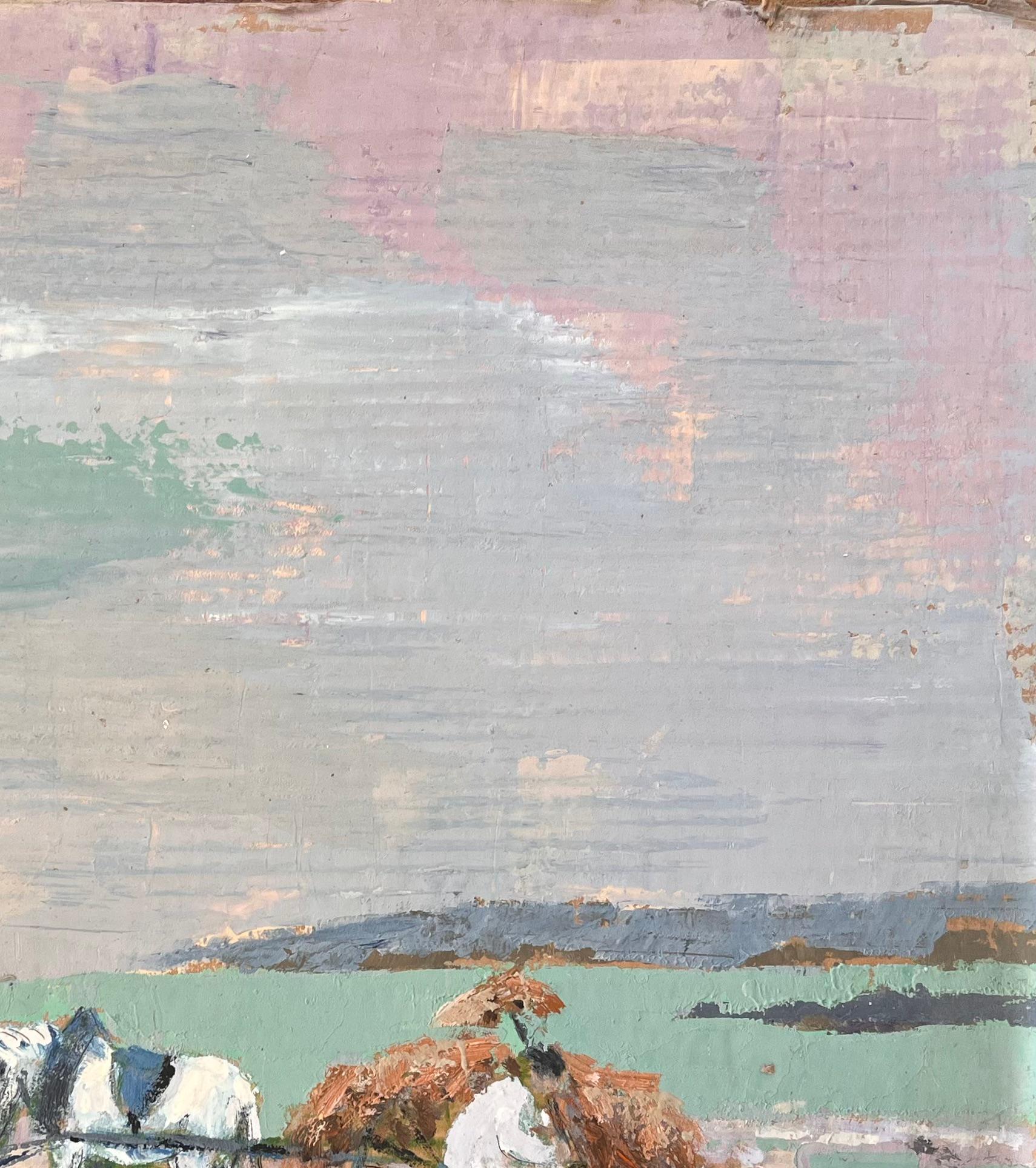 Scène côtière impressionniste avec charrette à cheval, cueilleurs d'algues et ciel pastel - Gris Landscape Painting par Fanch Lel