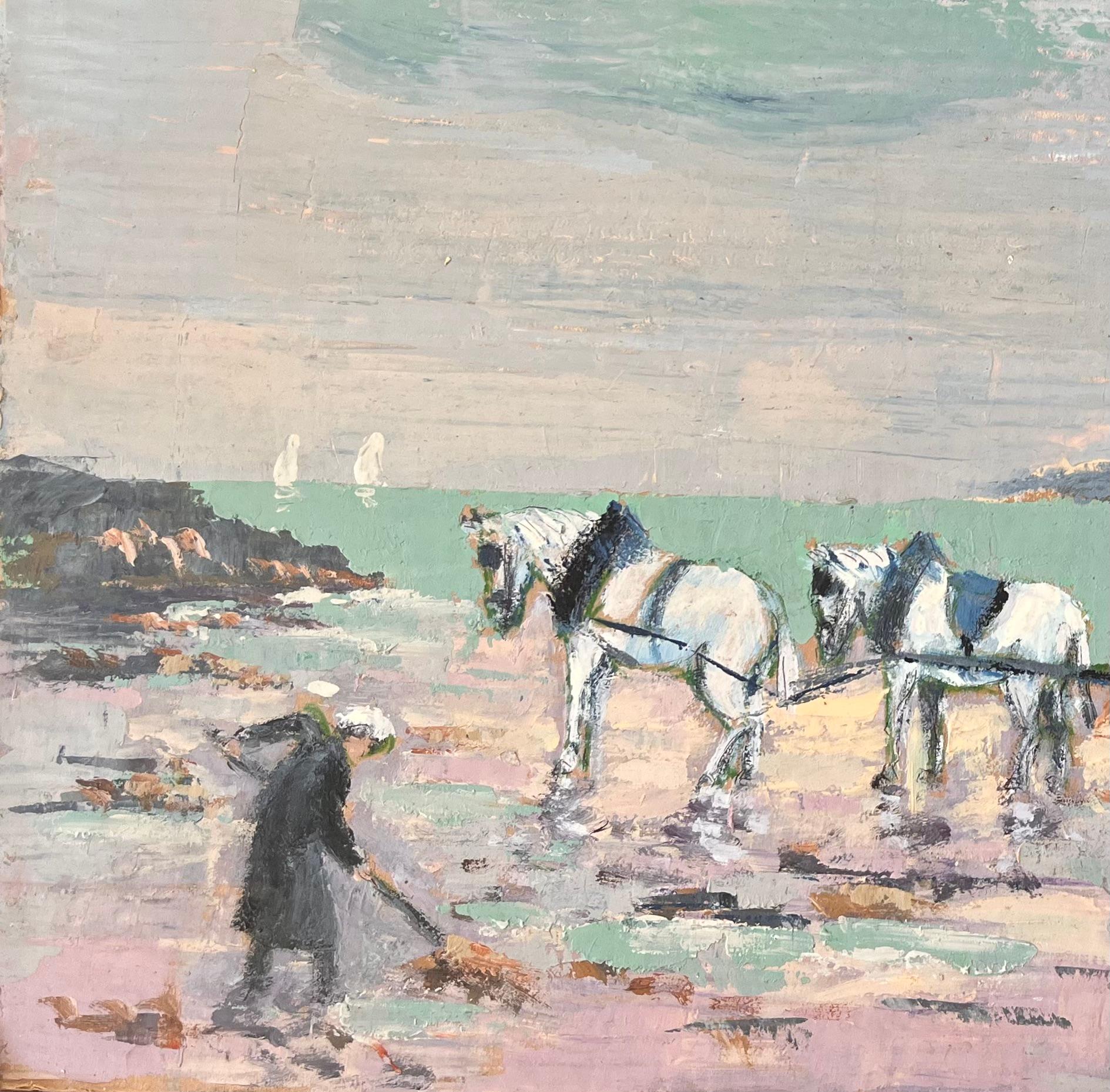 Titre : Scène côtière impressionniste avec charrette à cheval, cueilleurs d'algues et ciel pastel
Par Fanch Les
Taille : 18 x 21.5 pouces (hauteur x largeur)
Peinture à l'huile sur carton, non encadrée
Condit : La peinture est en bon état, avec une