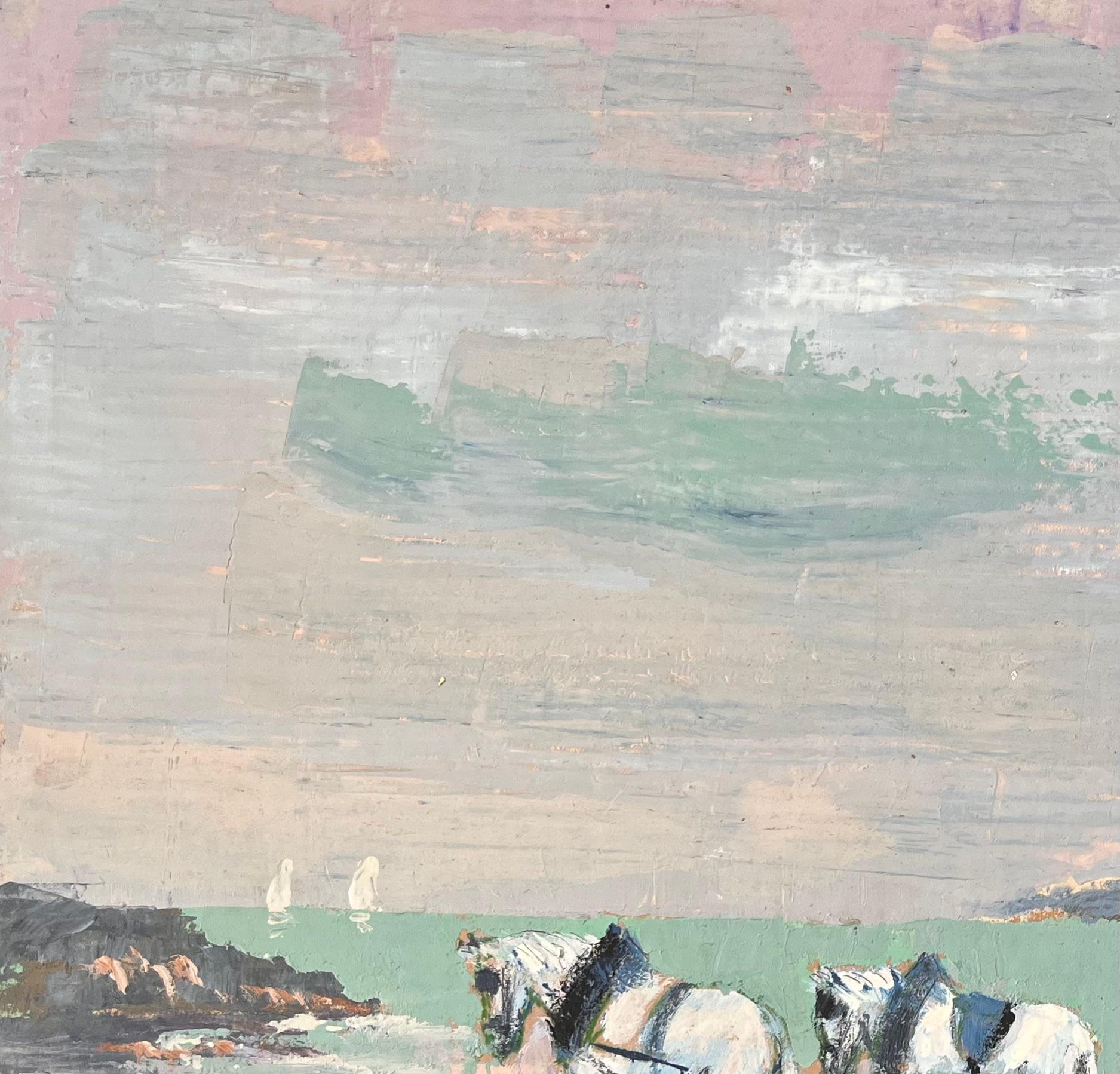 Scène côtière impressionniste avec charrette à cheval, cueilleurs d'algues et ciel pastel en vente 1