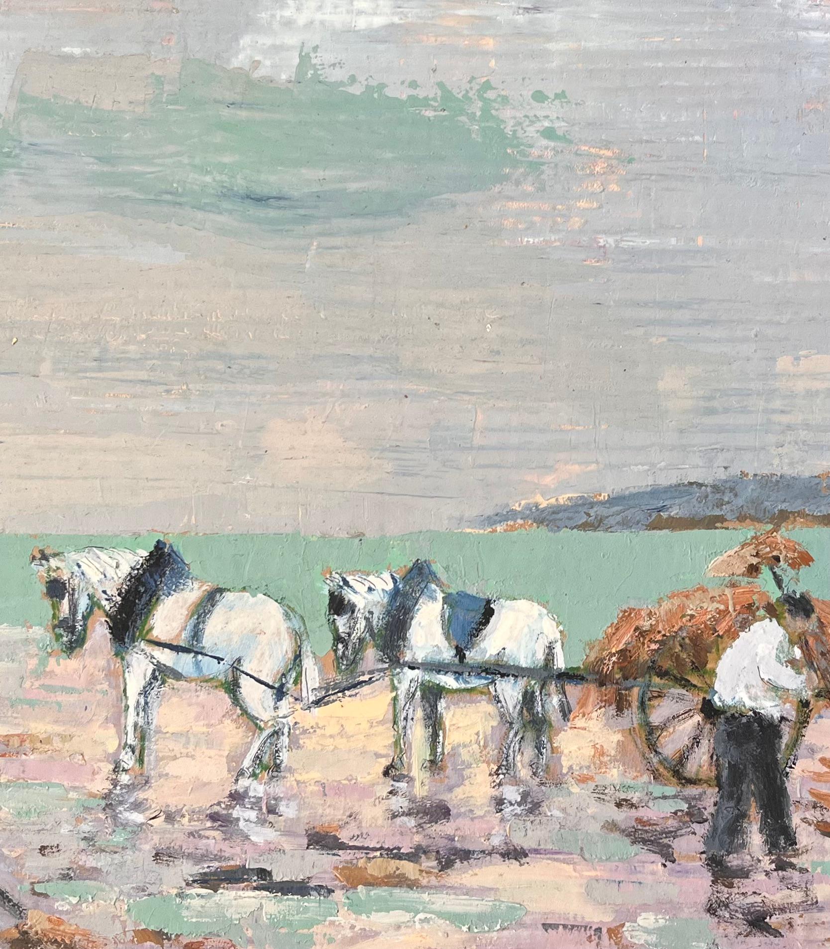 Scène côtière impressionniste avec charrette à cheval, cueilleurs d'algues et ciel pastel en vente 2